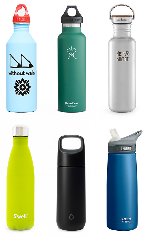 01. Mizu X Without Walls Trail Eyes Water Bottle | 02. Hydro Flask Standard-Mouth Vacuum Bottle | 03. The Reflect by Klean Kanteen | 04. Stone Collection by S'well | 05. KOR Vida | 06. eddy™ Stainless Insulated by CamelBak