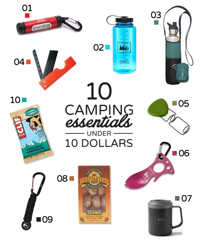 01. Highgear Fuse Micro Lantern 02. REI Nalgene Wide-Mouth Loop-Top Water Bottle 03. Bottle Sling rePETe Limestone 04. Ultimate Survival Technologies Razor Saw Cutting Tool 05. L ight My Fire Grandpas FireFork Campfire Roasting Accessory 06. Columbia River Eat'N Tool 07. REI Recycled Camp Mug 08. Lightning Nugget Firestarters 09. Ultimate Survival Technologies Survival Compass Key Chain 10. Cliff Bar