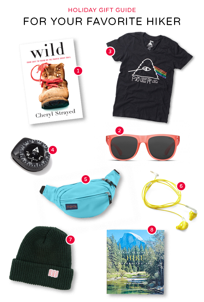 01. Wild: From Lost to Found on the Pacific Crest Trail by Cheryl Strayed 02. Ace Sunglasses by Zeal Optics 03. Psychedelic T-Shirt by Poler 04. Compass by Suunto 05. Waist Pack by Jansport 06. Inspire Earbuds by Yurbuds 07. Watch Cap by Topo Designs 08. Fifty Places to Hike Before You Die by Chris Santella