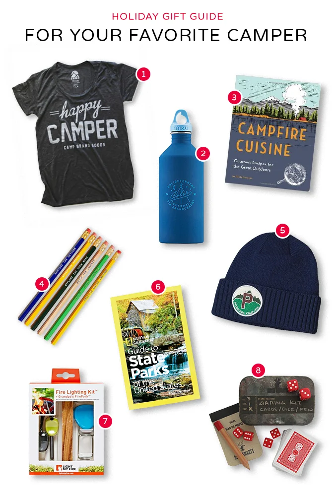 01. Happy Camper Loose T-Shirt by Camp Brand Goods 02. Enlightenment Water Bottle by Poler X MIZU 03. Campfire Cuisine Book by Robin Donovan 04. Road Trip Series Pencils by Earmark 05. Brodeo by Patagonia 06. Guide to State Parks of the United States by National Geographic 07. Fire Lighting Kit by Light My Fire 08. Game Kit by Bush Smarts
