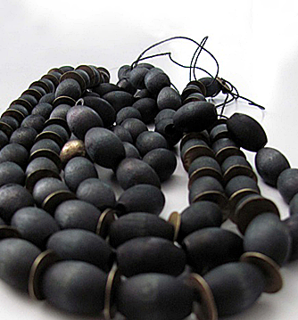 french dyed wooden beads with forged brass discs necklace $198.00 each ( three shown above ) by lorraine pennington
