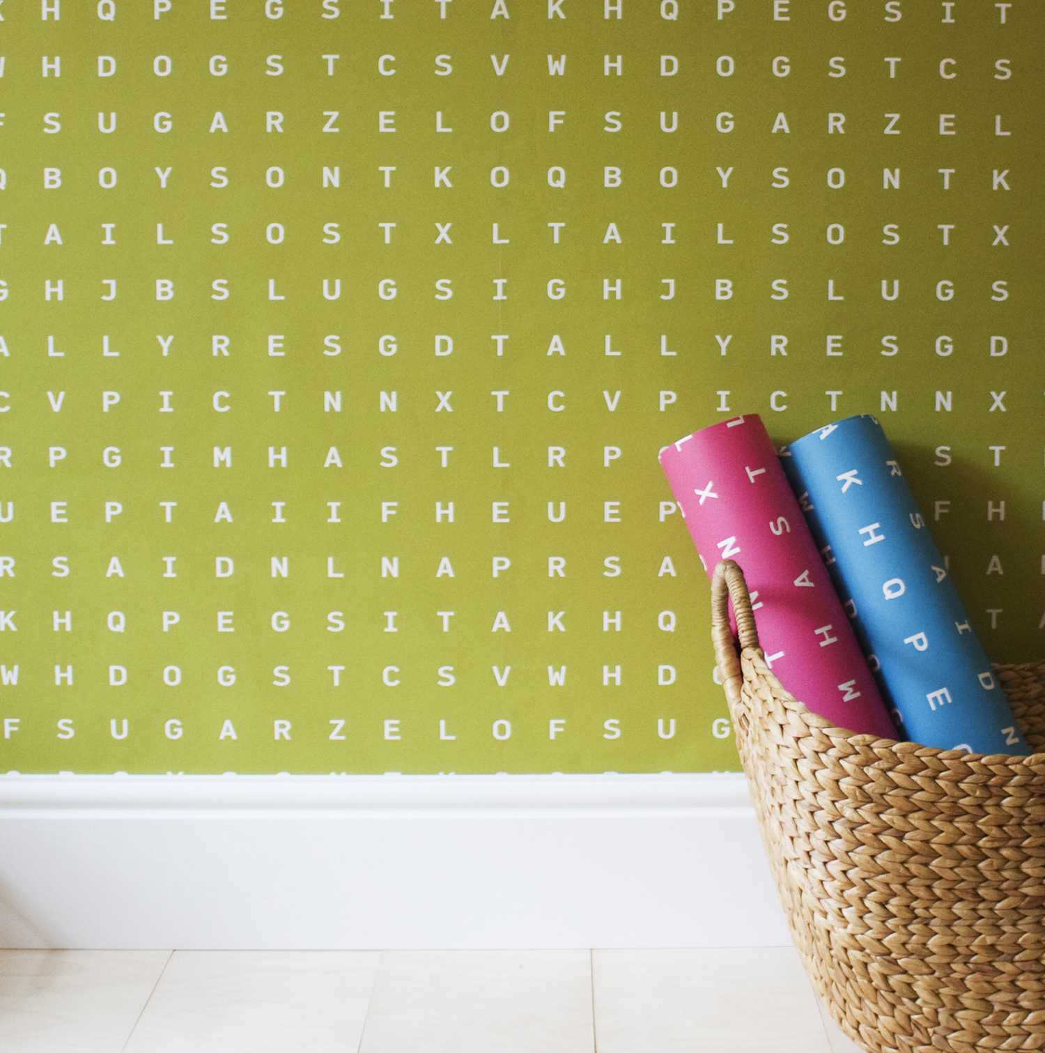 Sugar and Slugs Word Search Wallpaper - sap, shown in situ with rolls of alternative colours