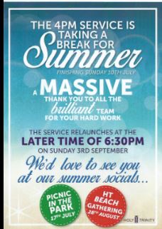 Sunday afternoon informal service will be at 6.30pm from 4th September