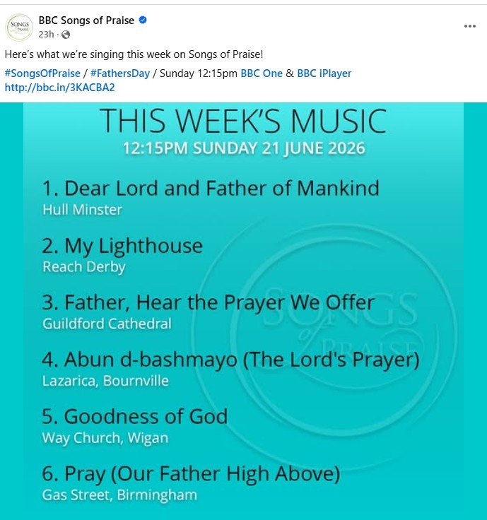 A list of hymns from Hull Minster for songs of praise