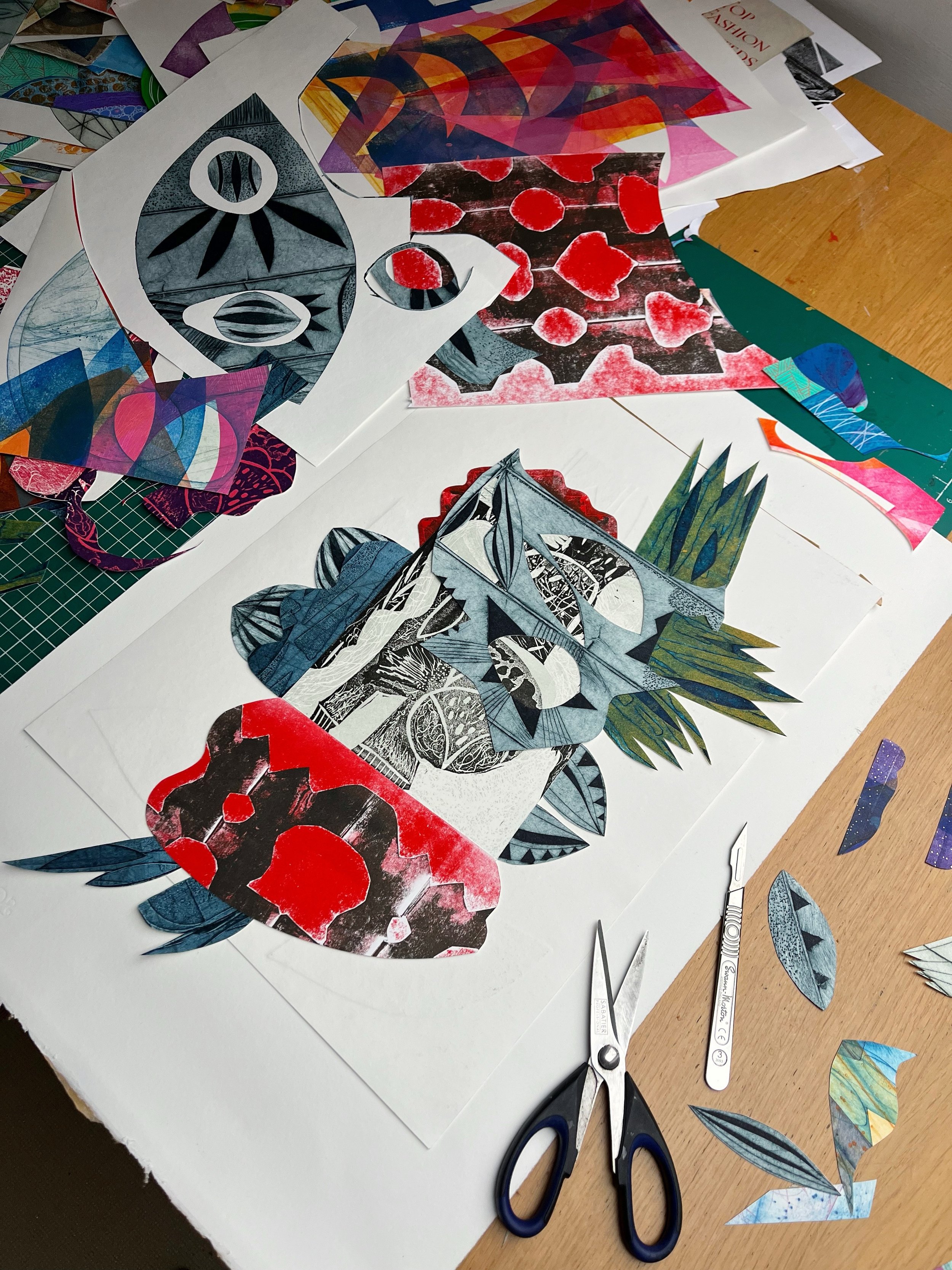 I&rsquo;m working on a new printmaking collage, and one thing I really love about collage-making is the intuitive process. 
Putting pieces together and checking how it feels vibrationally. I have this inner vibrational compass that tells me yes or no