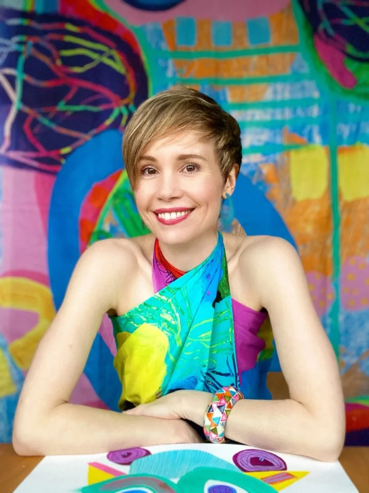 Klara, contemporary collage artist and printmaker based in Edinburgh, founder of SO KLARA, creating colourful abstract art inspired by travel, joy and emotional expression.