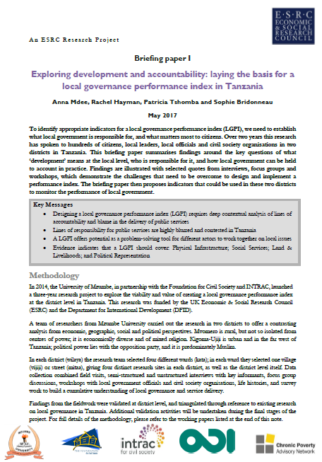 Exploring development and accountability: laying the basis for a local governance performance index in Tanzania