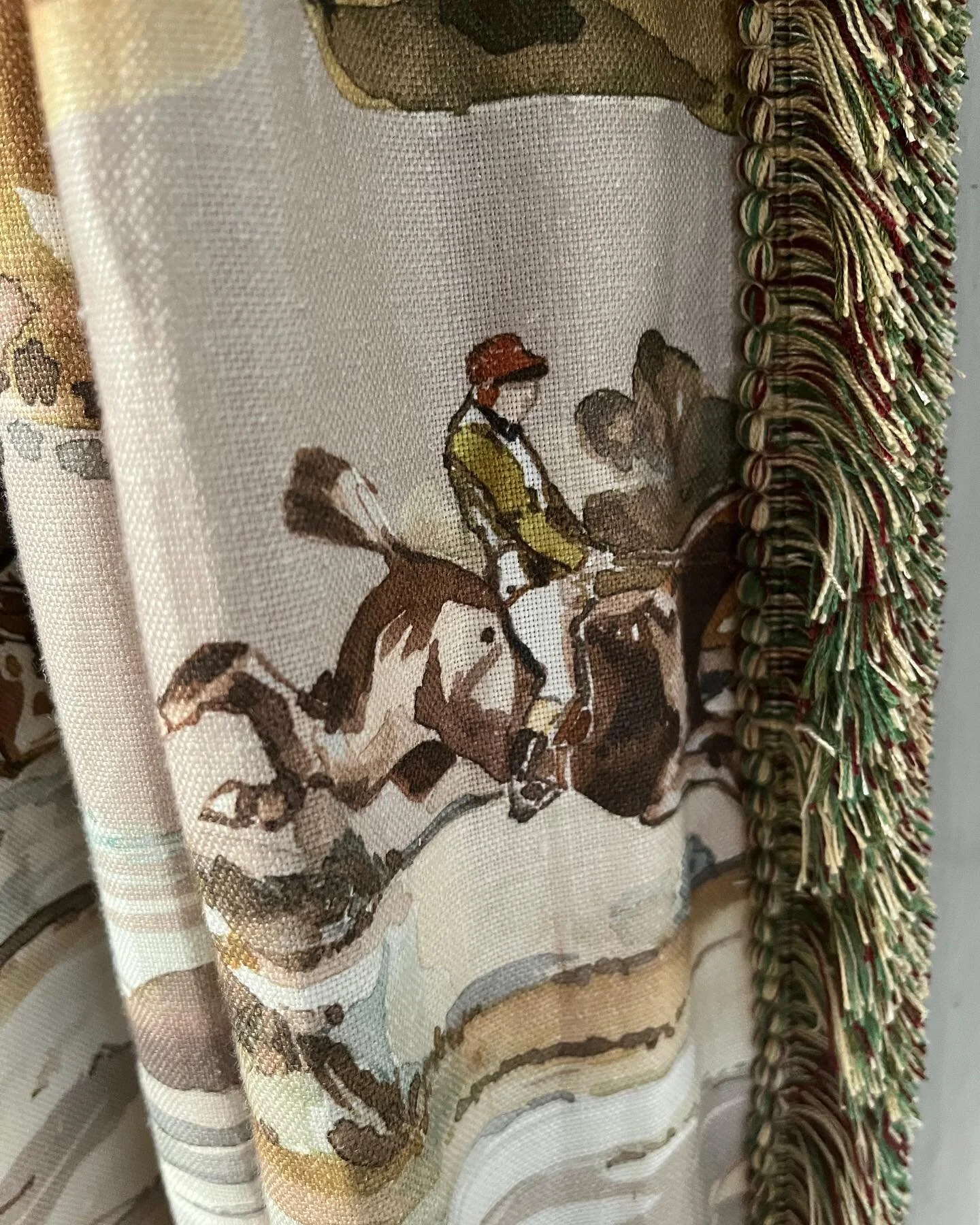 Appropriately named Morning Gallop, a fabric by Mulberry.  It  comes in very subtle colours, we have used it recently on  a couple of projects, it looks very smart, here we trimmed the leading edges of the curtain with a fan edge trim and added leath