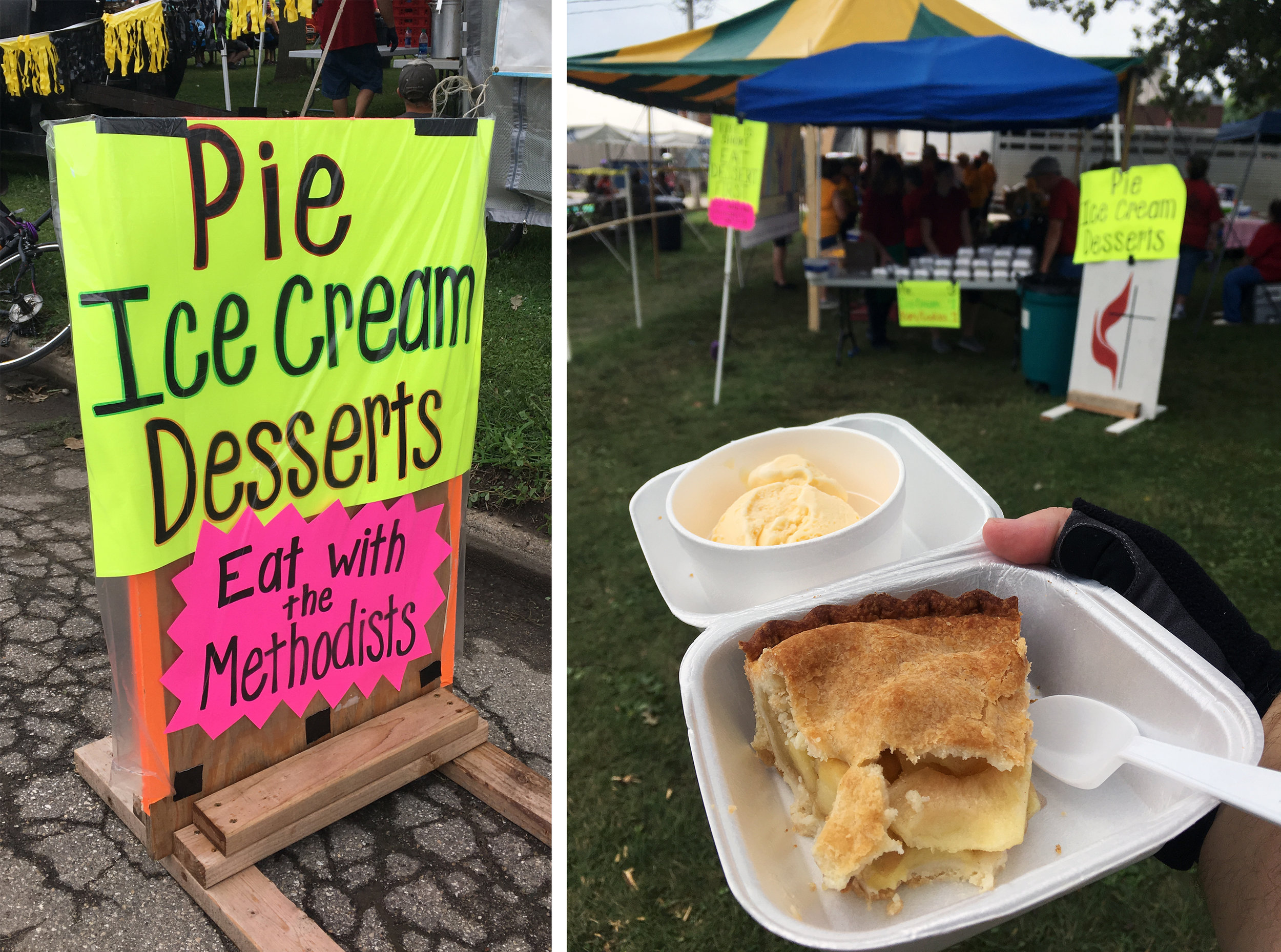  The sign that awaited us in Rockford, Iowa, alluded to a special treat: Eating with Methodists. To restore a sense of spiritual balance, I sampled a slice of Methodist apple pie - ala mode. That's right. Those free-wheeling and market-savvy Methodis