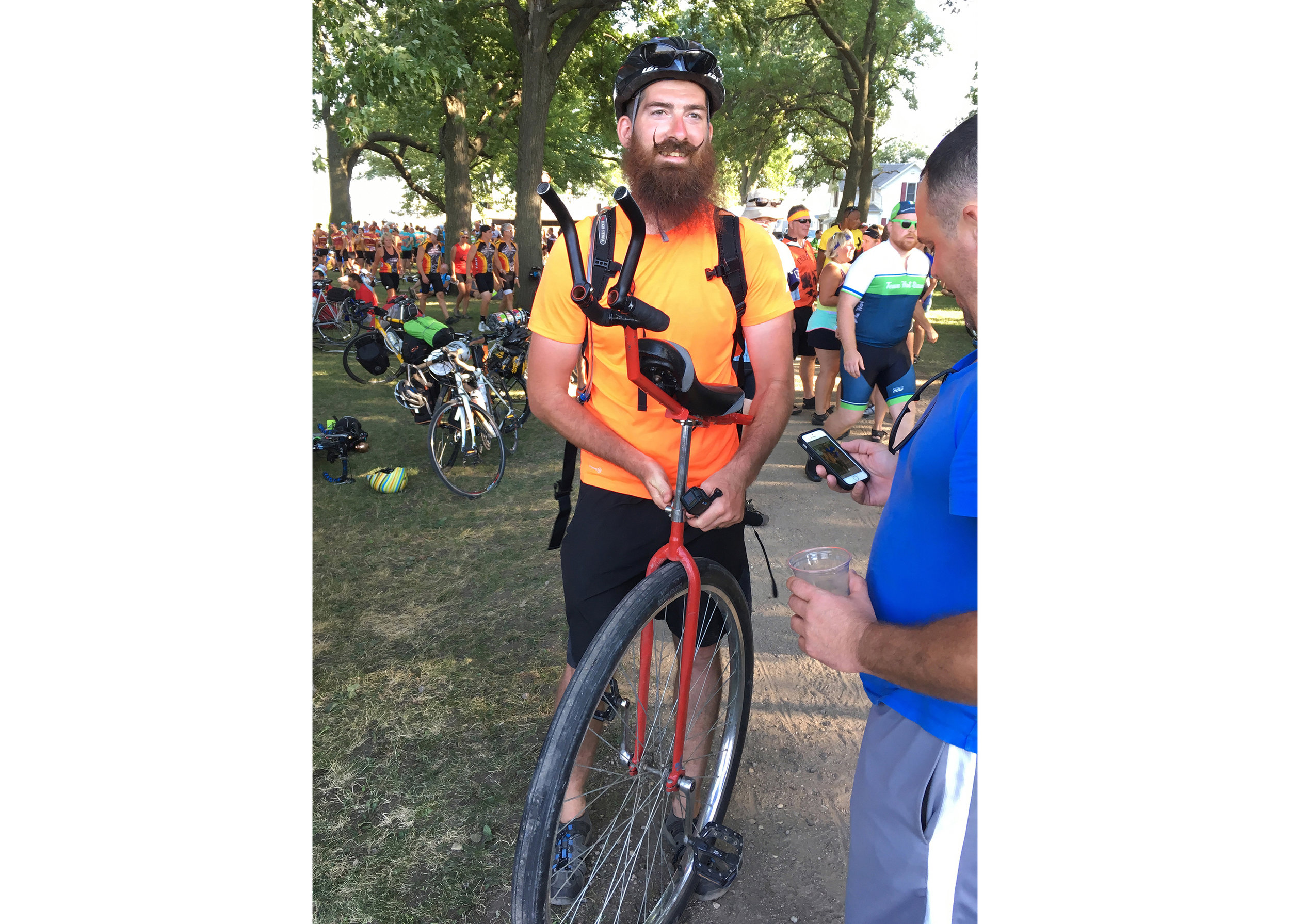  Jason Party, Unicyclist —&nbsp;Mr Party (an appropriate name for RAGBRAI) rides the entire route on his unicycle. When asked what was the most difficult thing about riding a unicycle, Jason replied, "Going downhill." 2017 marked Jason's 9th RAGBRAI 