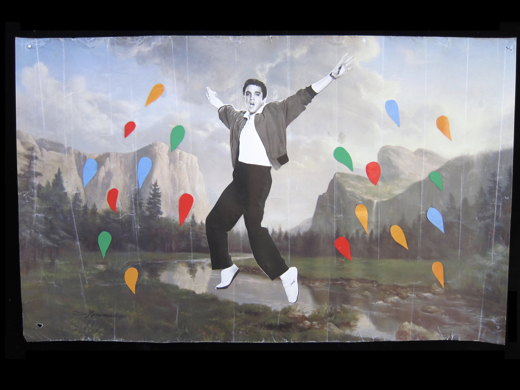 Transmission from the Great King / Shaktipata Collage on foam core poster…..26 3/4” x 38.5” Supposedly Andy Kauffman hid out in a closet backstage at an Elvis concert in Vegas. He knew where the king would exit and he waited there for as long as he had to. He believed that if Elvis touched him he would receive transmission of Elvis’ greatness. This energy is what he needed in order to become the artist he wanted to be. I wonder if that worked? In any case, I like that idea. Shaktipata is the Hindu word describing the same concept of “transmission of spiritual energy from one to another”.