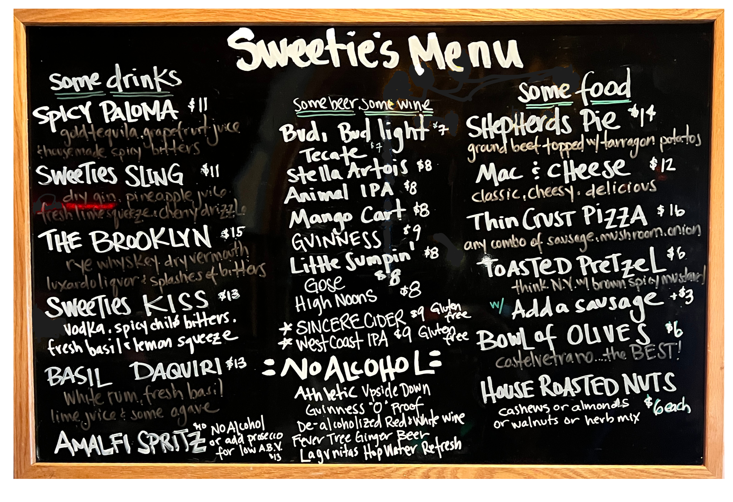 Sweetie's menu...handwritten in white on a black board.