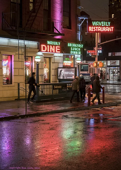 The Waverly Diner is a classic New York City diner and has colorful neon signs that reflect beautifully on the wet pavement. ISO 1000, 1/30 sec. f2.8, 28mm lens.