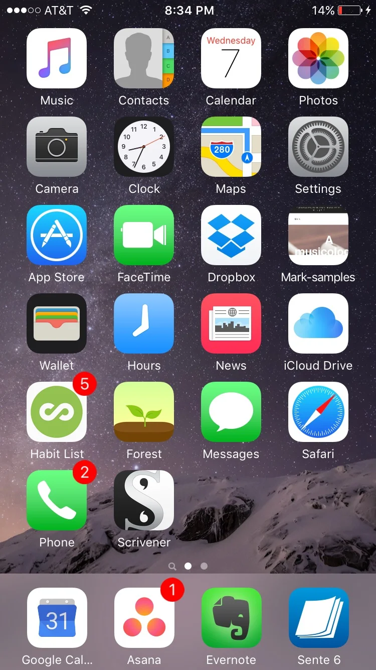 My iPhone home screen, with workflow design in the dock.