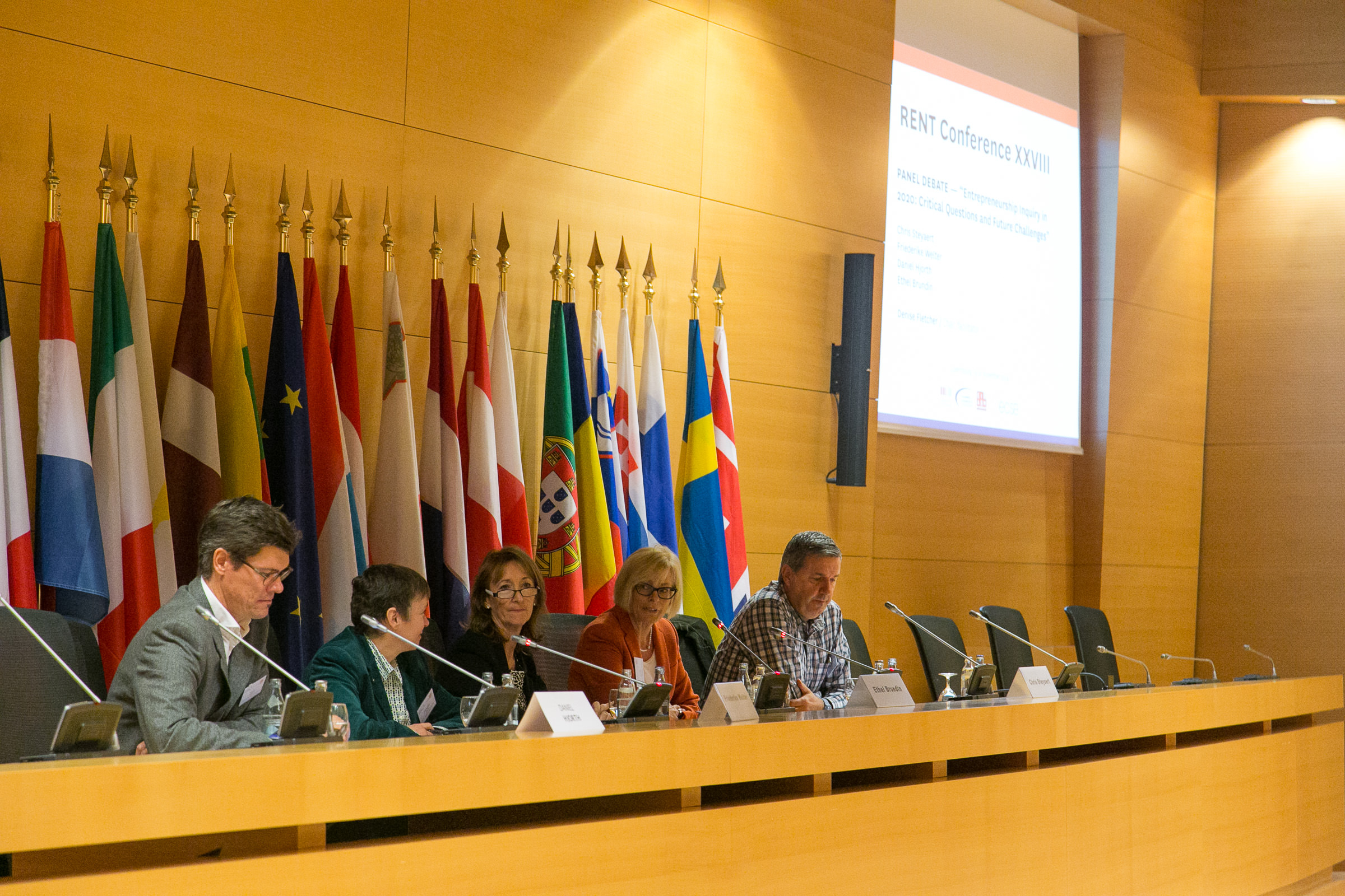 Panel debate: “Entrepreneurship Inquiry in 2020: Critical Questions and Future Challenges” with (from left to right) Daniel Hjorth, Friederike Welter, Denise Fletcher, Ethel Brundin, Chris Steyaert.