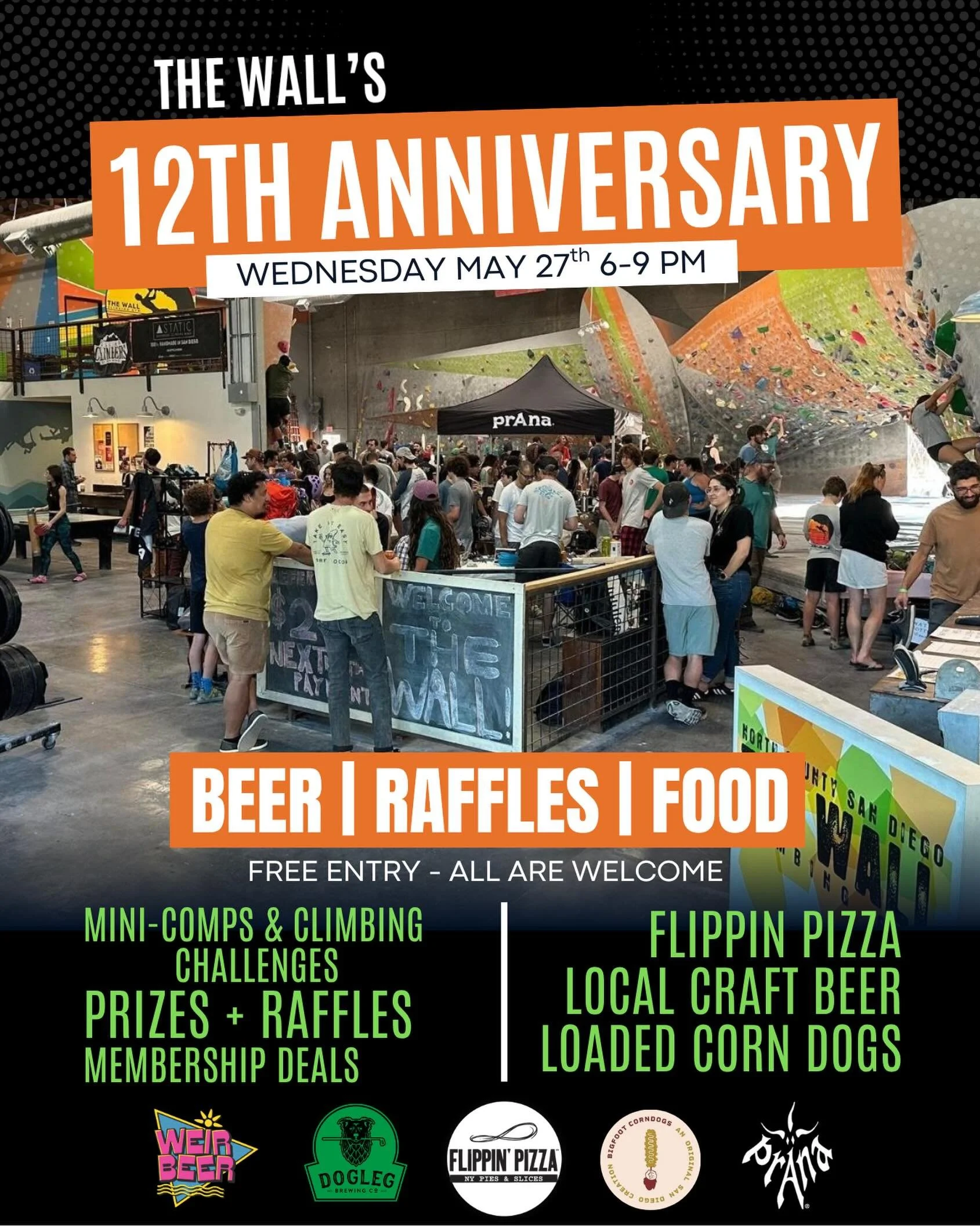 🎉 WE&rsquo;RE TURNING 12! 🎉

Come celebrate 12 years of climbing, community, and good times with us at The Wall! 🧗&zwj;♀️🔥

📅 Wednesday, May 27
⏰ 6&ndash;9 PM
📍 The Wall Climbing Gym

Expect an evening full of:
🍕 Flippin Pizza
🍺 Local craft b