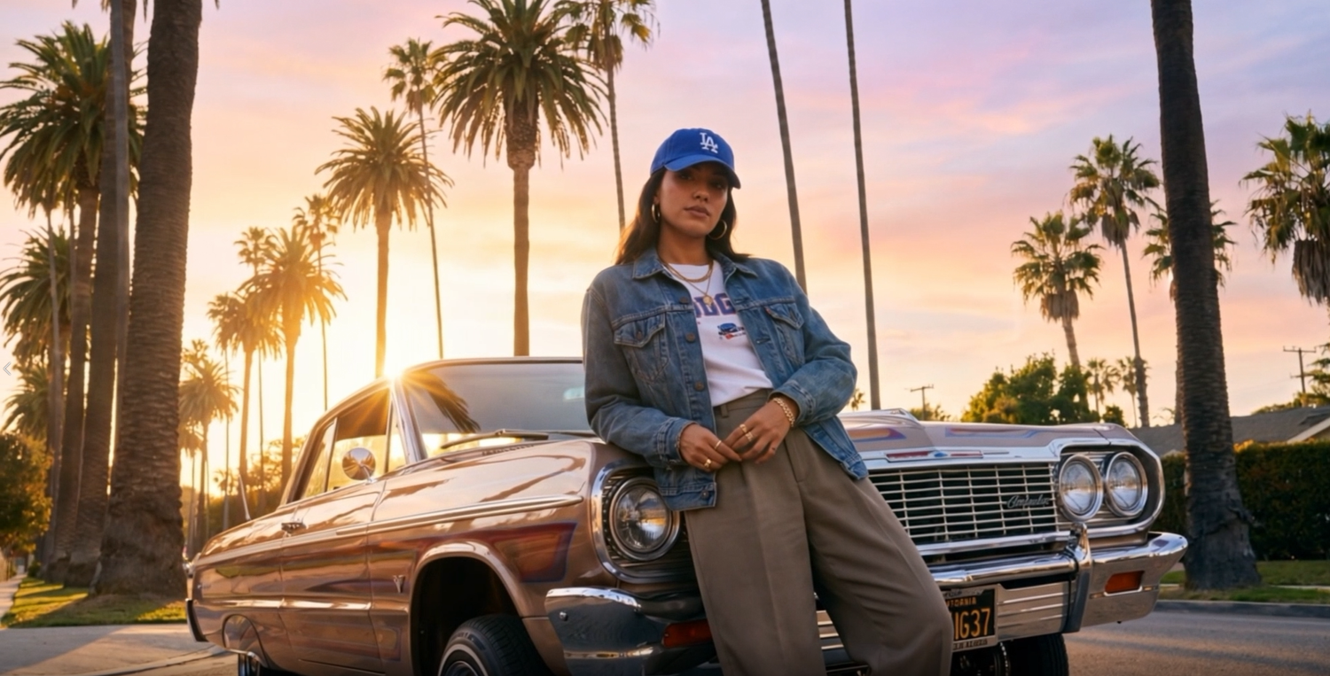 47 Brand AI commercial — a sunset street scene with a classic car