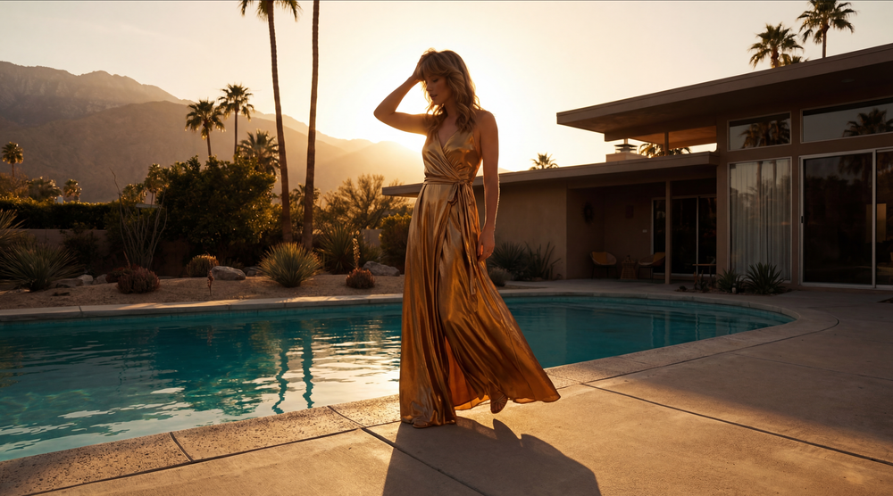 Fashion scene by a sunlit swimming pool