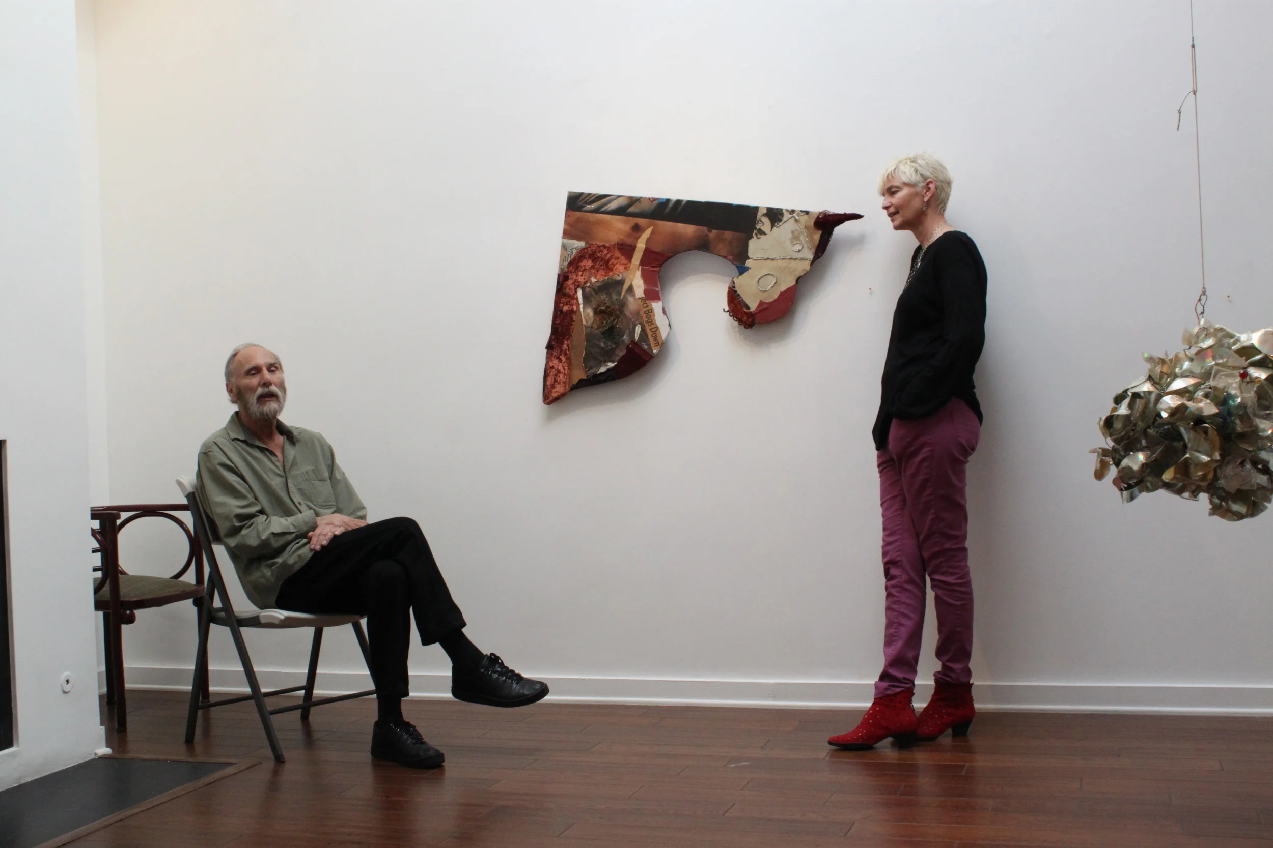 George Herms and Louis Stern Fine Arts Director, Marie Chambers. George Herms artist talk, October 2013.
