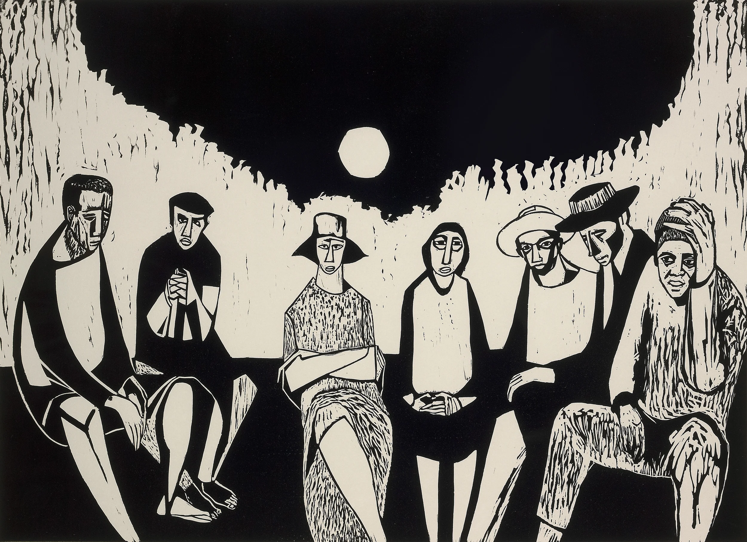 Migrants, 1968, linocut print, 18 x 24 inches; 45.7 x 61 centimeters