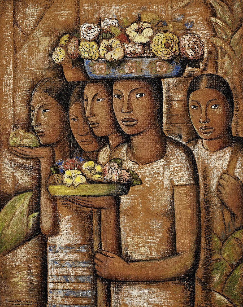 Alfredo Ramos Martinez , Mujeres Indigenas de Oaxaca , 1944, oil on board, 44.8 x 35.5 inches; 113.8 x 90.2 centimeters