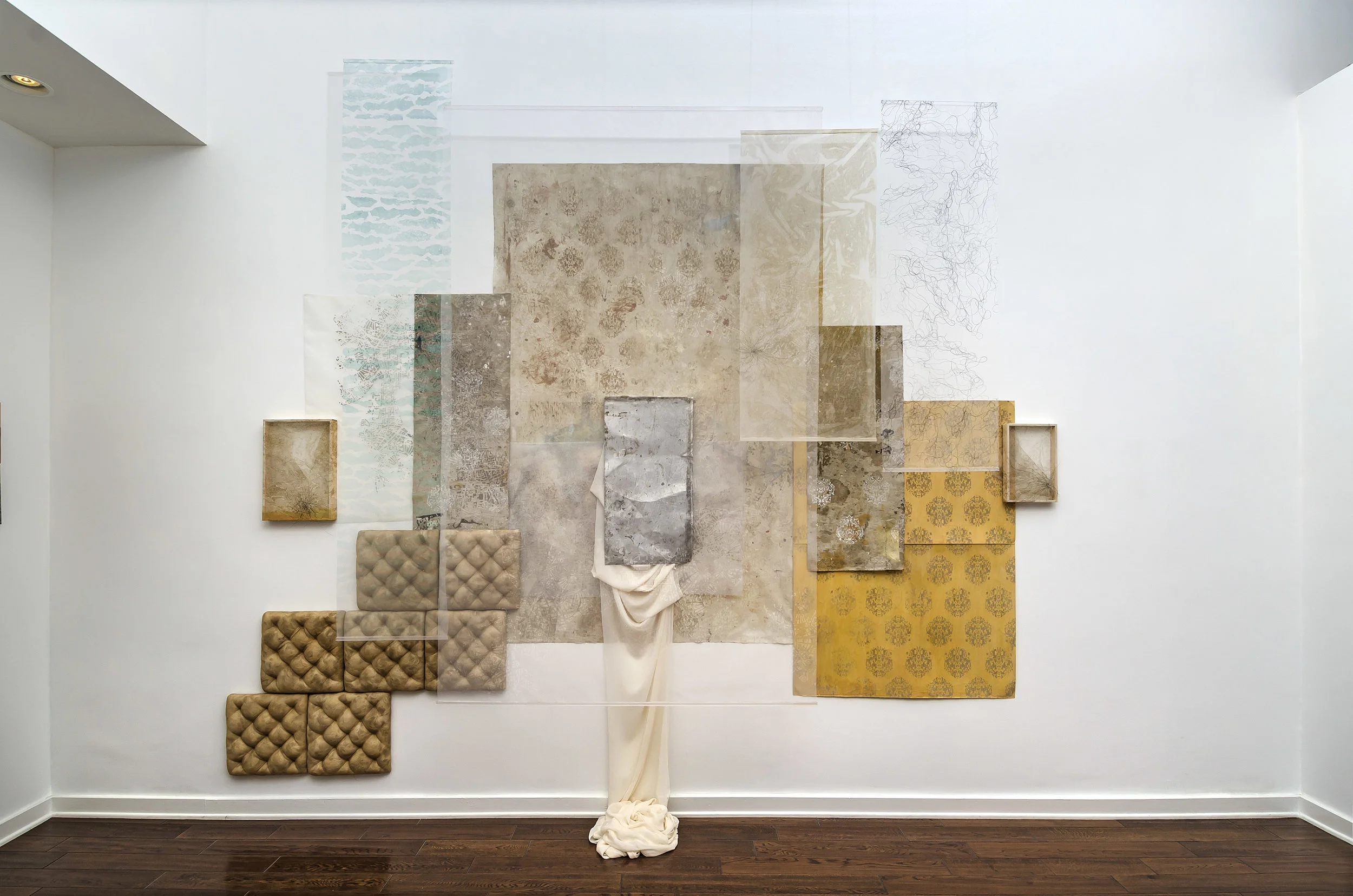 Victoria May And the refinement of their decline , 2015 screen printed organza, found paper and drop cloth, stitched horse hair, ink-jet printed dropcloth, aluminum plate, silk chiffon, alpaca fur, horse hair, stained silk organza, beads, foam, wood 144 x 180 x 24 inches; 328.9 x 378.5 x 49.5 centimeters