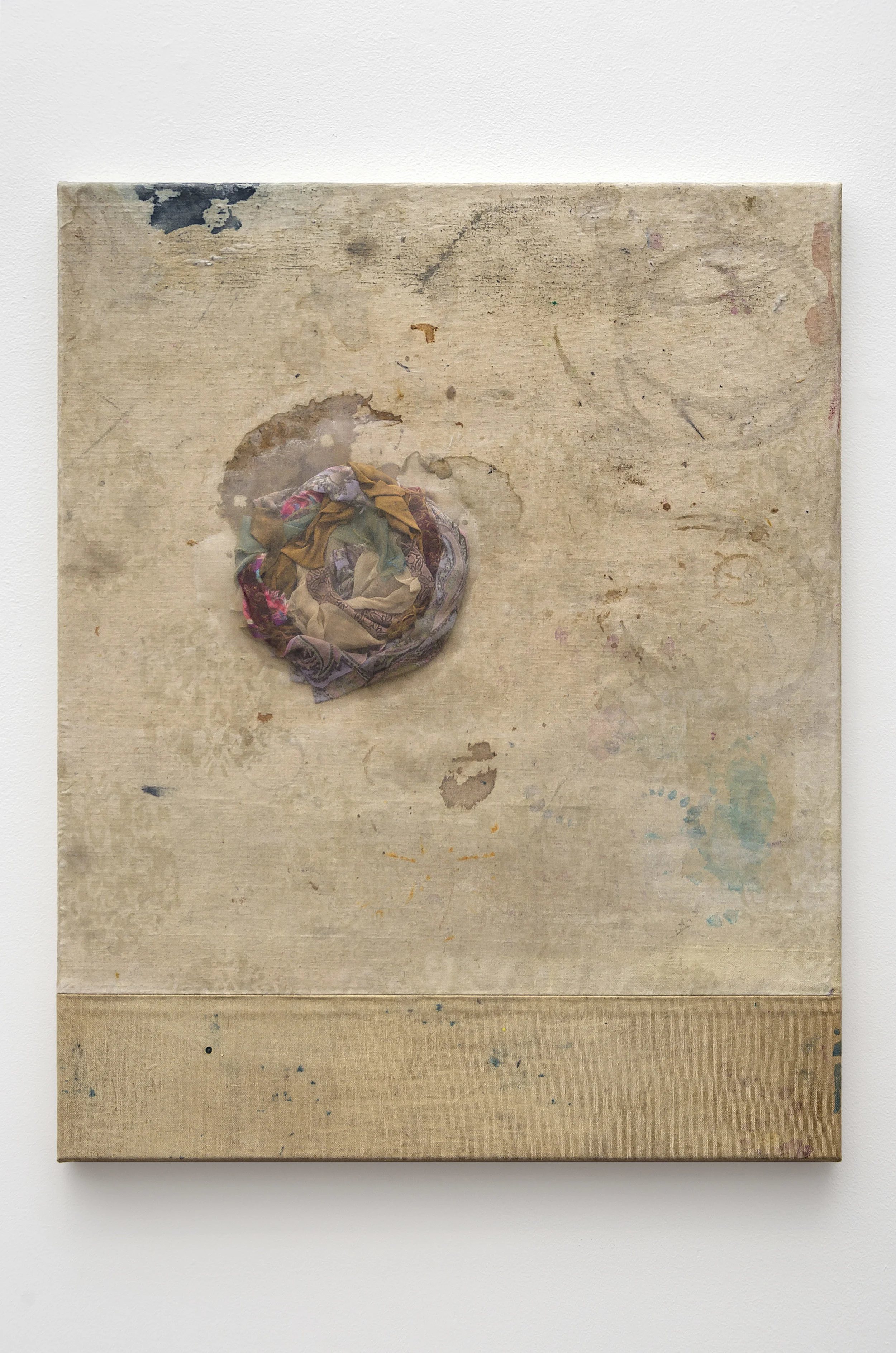 Victoria May Mound , 2018 found canvas with screen printing, found fabrics, organza and ink 30 x 24 inches; 76.2 x 61 centimeters