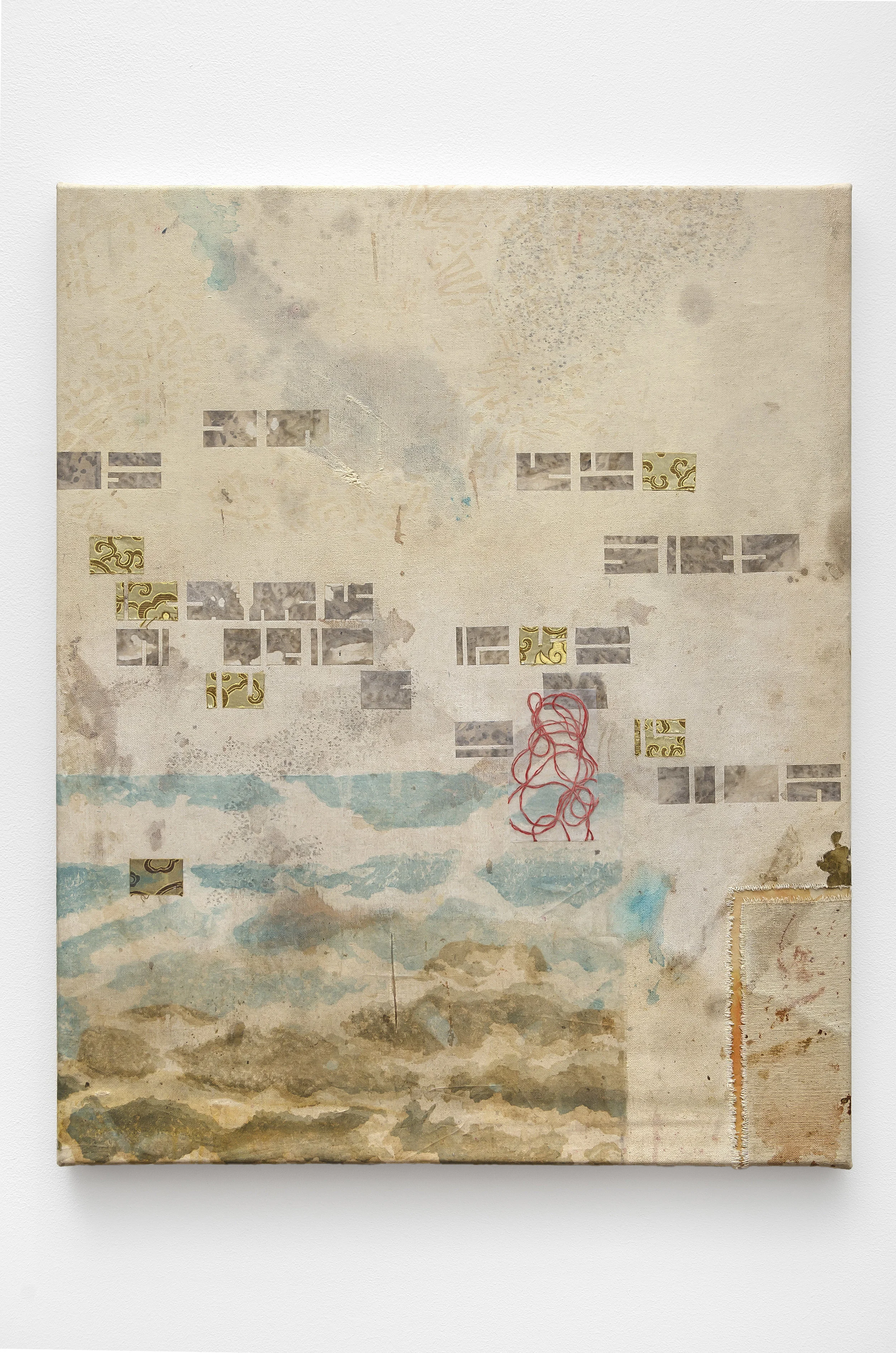 Victoria May Navigation of sorts , 2018 found canvas with screen printing, found fabrics, organza and ink 30 x 24 inches; 76.2 x 61 centimeters