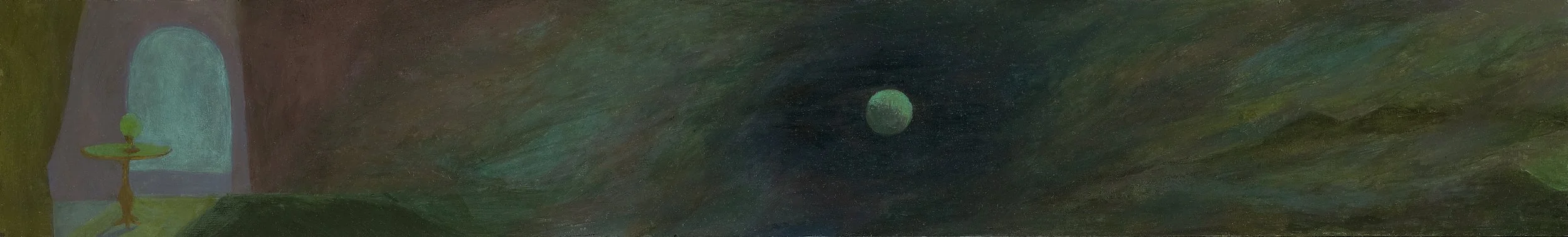 Helen Lundeberg (1908-1999) Inner/Outer Space , circa 1943 oil on board 6 x 39 inches; 15.2 x 99.1 centimeters