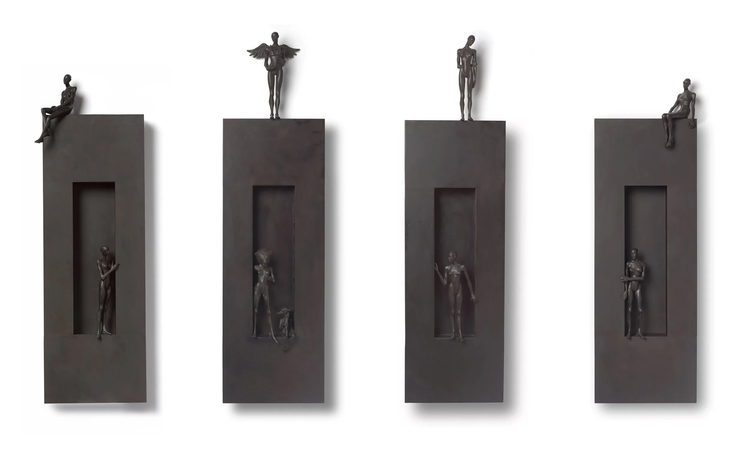 The Return , Foreign Language , The Visitor , and At the Edge, 2019 bronze and wood 39 x 12 x 2 1/2 inches; 99.1 x 30.5 x 6.3 centimeters