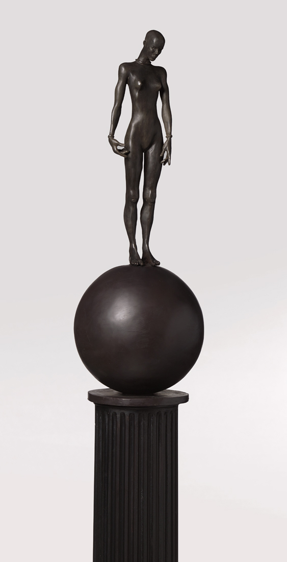Figure on a Ball (detail) , 2019 bronze with wood and bronze column 83 x 10 1/2 x 10 1/2 inches; 210.8 x 26.7 x 26.7 centimeters
