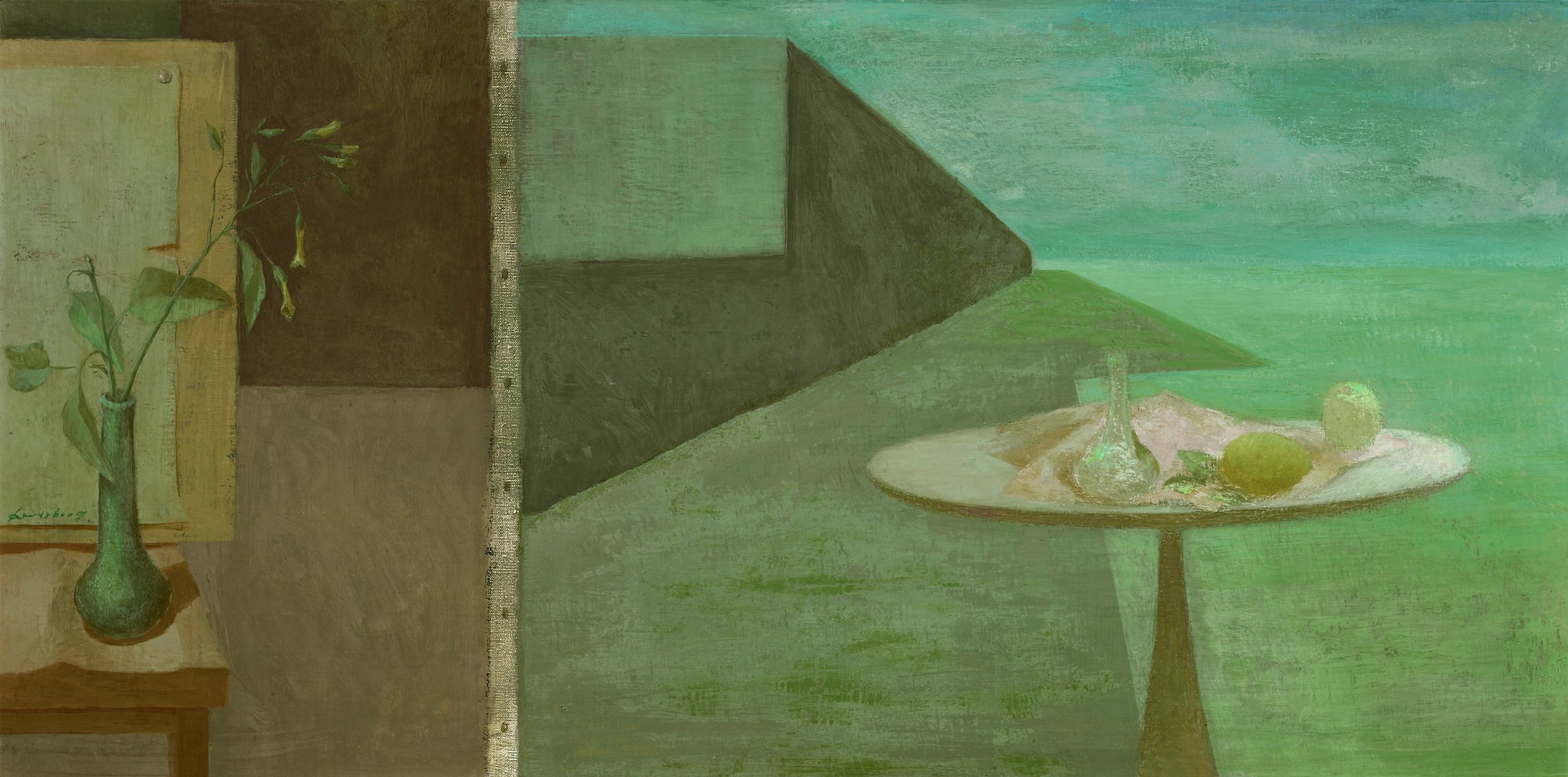 Helen Lundeberg (1908-1999) Enigma of Reality , 1955 oil on canvas 20 x 40 inches; 50.8 x 101.6 centimeters