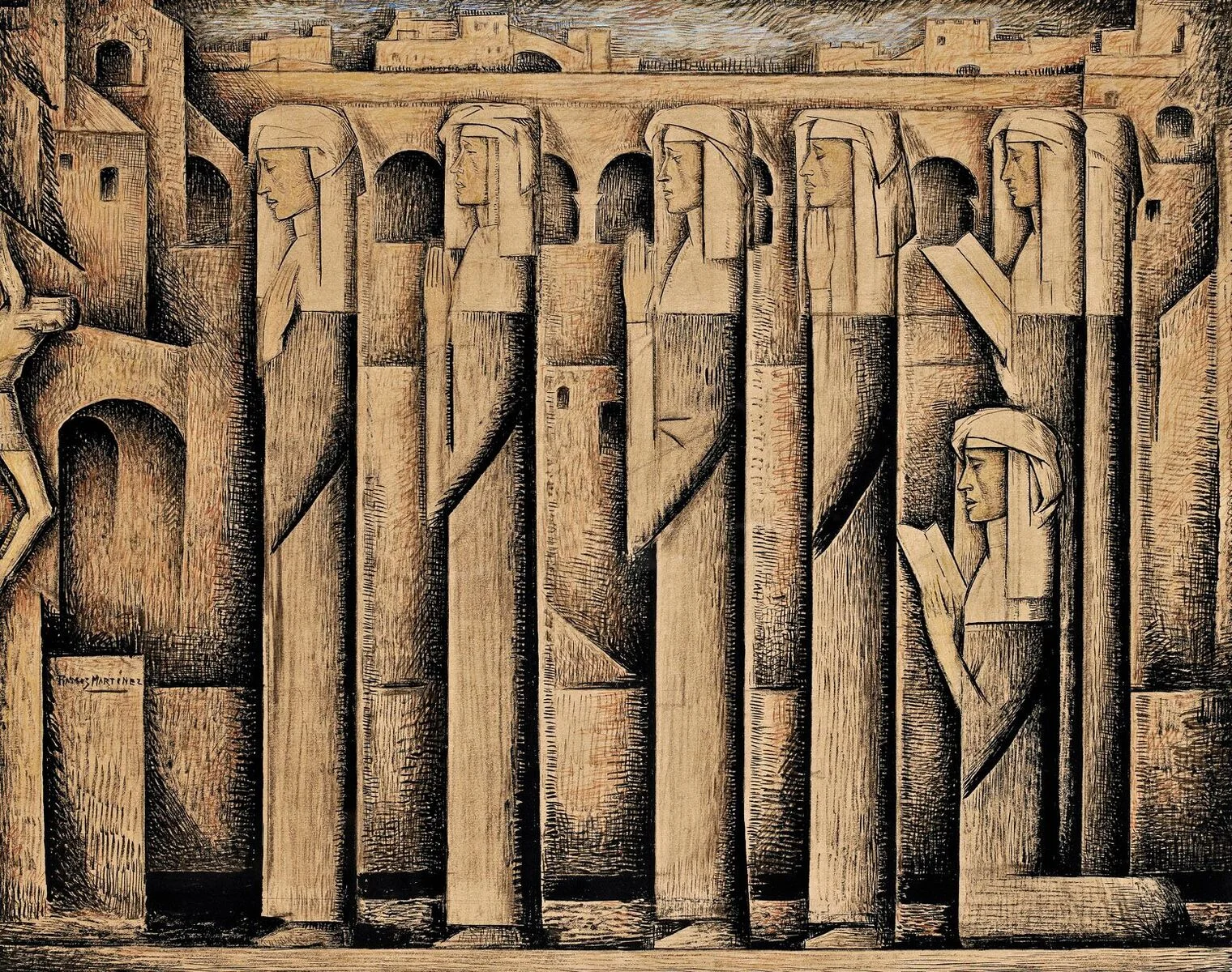 Alfredo Ramos Martinez (1871-1946) Procession of Nuns , c. 1935 tempera 16 x 20 inches; 40.6 x 50.8 centimeters 