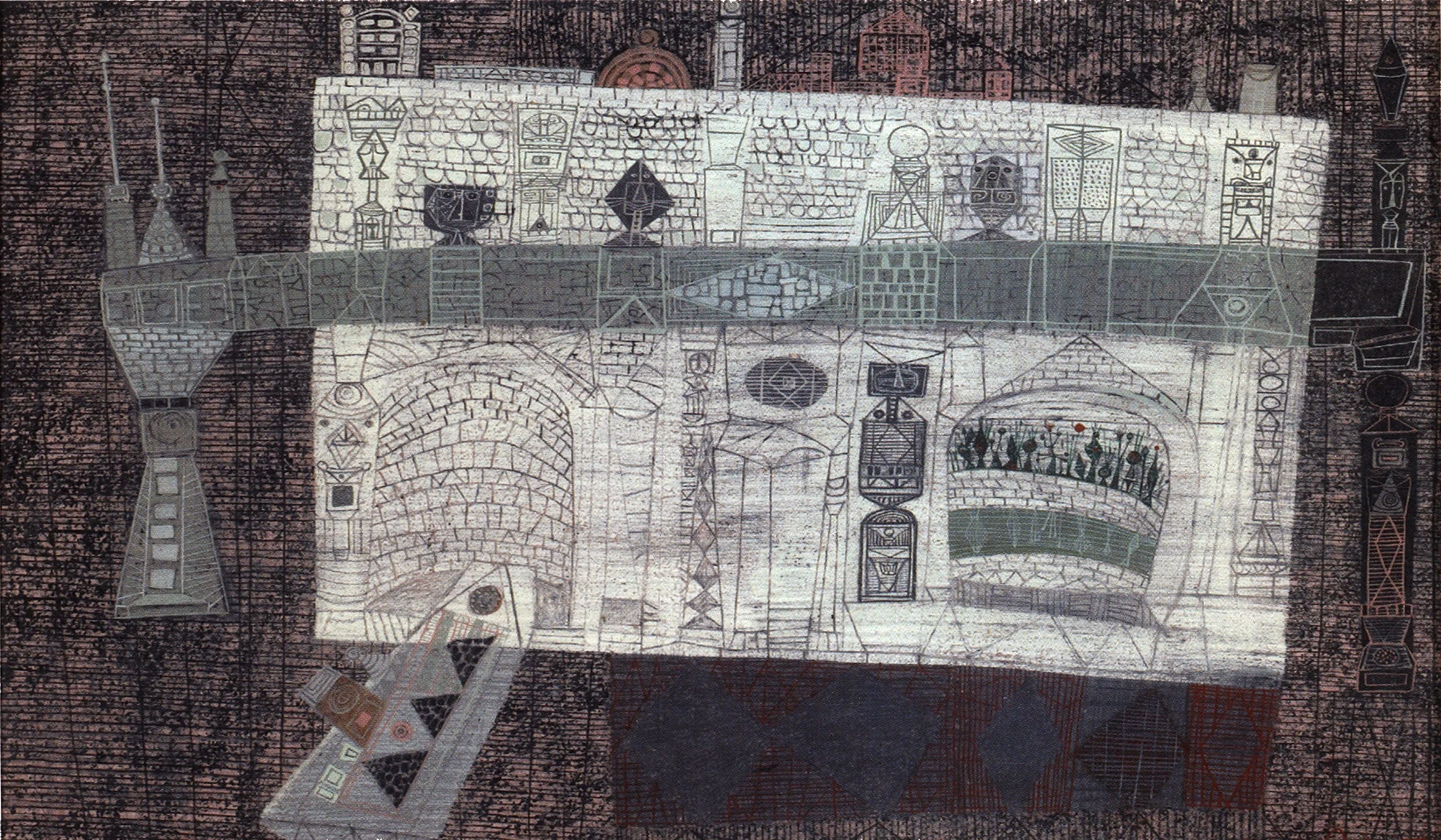 Bridge of Faces , circa 1950 mixed media on paper 14 1/2 x 21 inches; 36.8 x 53.3 centimeters