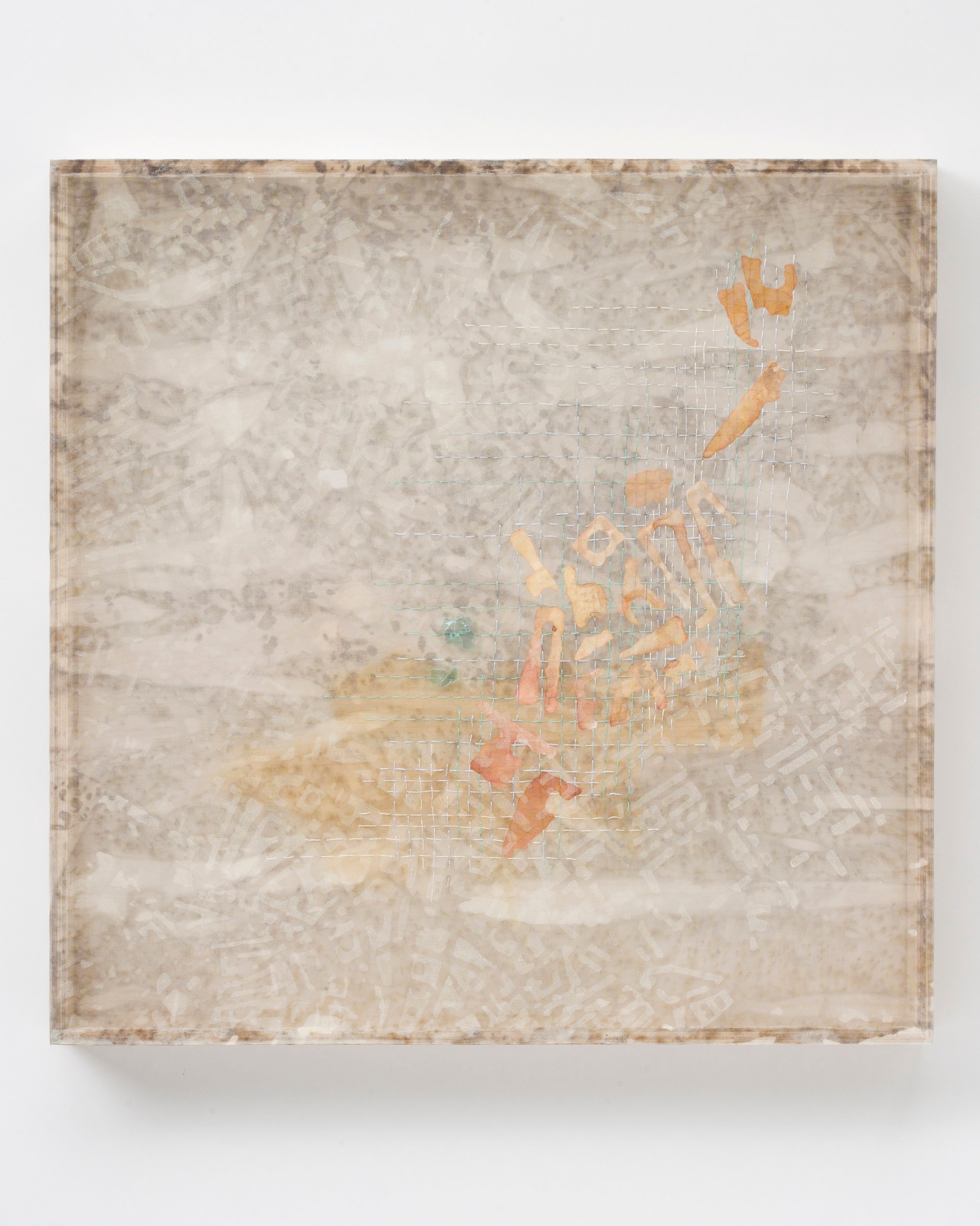 Victoria May Haussmannization reexamined , 2016 stained silk, screen printed polyester, ink on kozo, thread, wood 18 x 18 x 2 inches; 45.7 x 45.7 x 5.1 centimeters