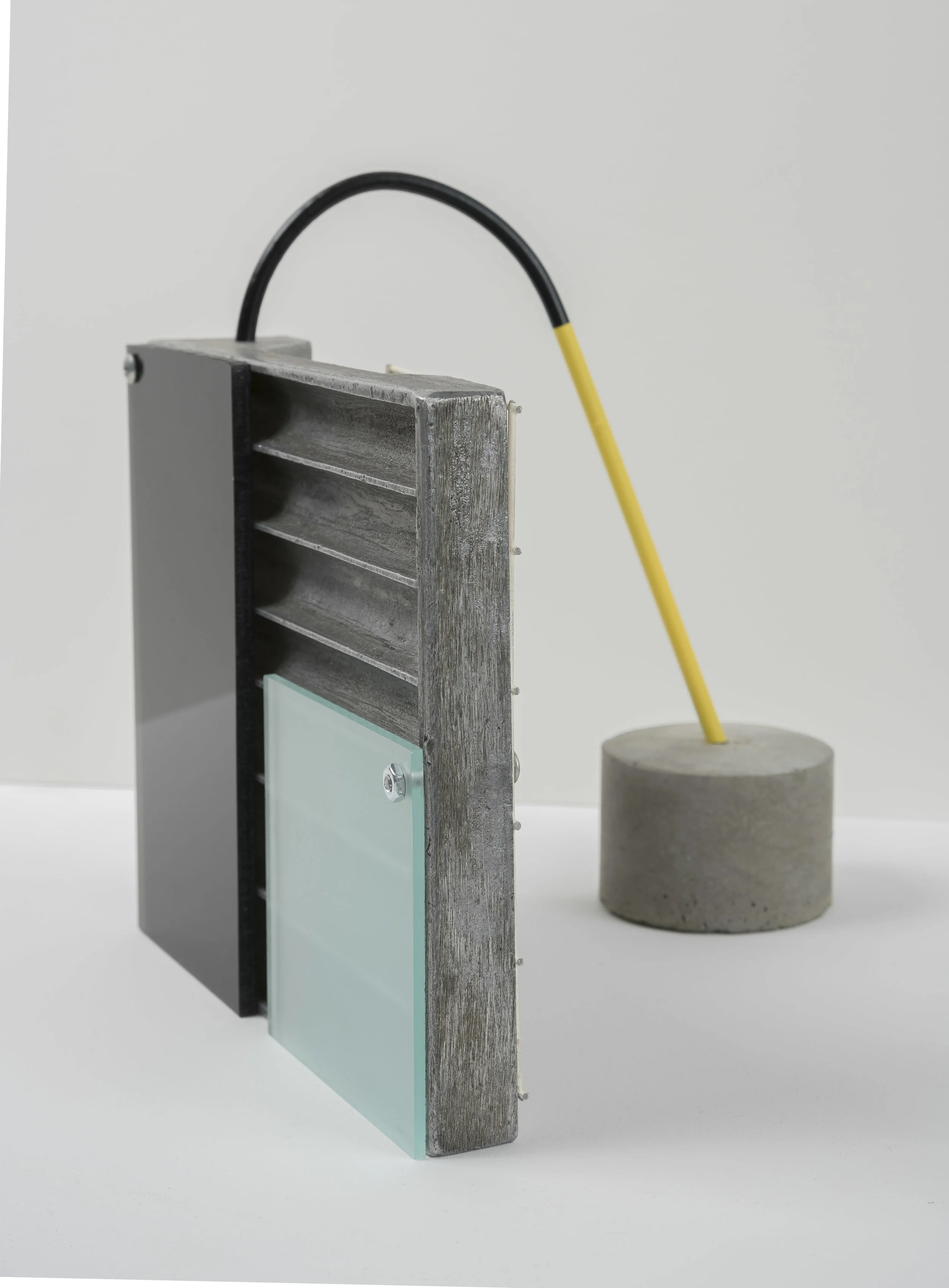 Assemblage l, 2019 aluminum, steel, cement, plexiglass, aerosol paint 8 1/2 x 9 1/2 x 7 inches; 21.6 x 24.1 x 17.8 centimeters