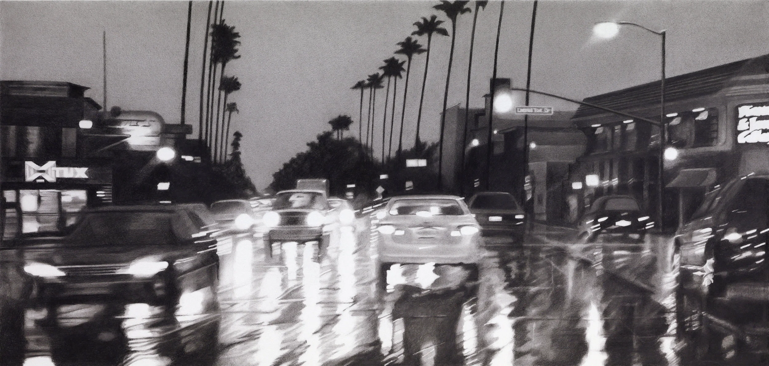 Elizabeth Patterson (b. 1954) Ventura Boulevard at Laurel Terrace, 6PM , 2009 graphite, colored pencil and solvent on Strathmore Bristol Vellum 18 x 29 inches; 45.7 x 73.7 centimeters
