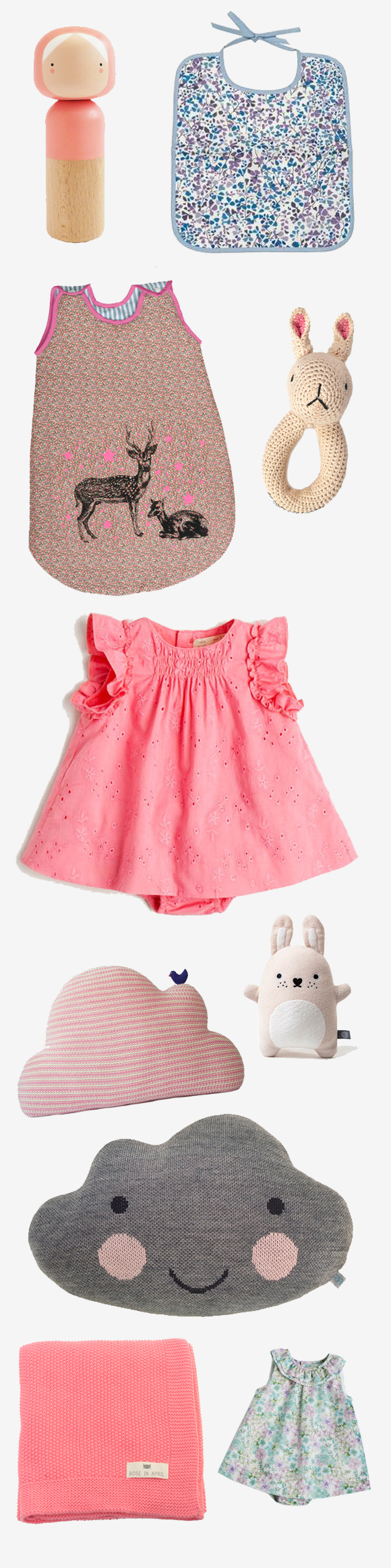 Coral Koskshi Doll, Sketch Inc , £20 / Bib, Bibaloo , £4.97 / Sleeping bag, The Kid Who , £50 / Crochet rattle, Molly Meg, £20 / Embroidered Dress, Zara , £9.99 / Stripe cloud cushion, Molly Meg , £60 / Noodoll, Molly Meg , £17.50 / Cloud cushion, Kokokoshop/Etsy , £32.93 / Salmon pink blanket, Molly Meg , £59 / Printed dress, Zara , £9.99