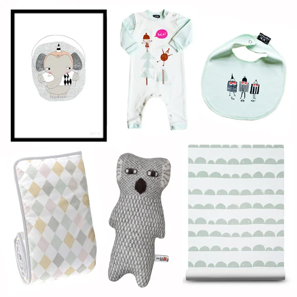 Clockwise: Elephant print - Seventy Tree / Babygrow - Corby Tindesticks / Bib - Corby Tindersticks / Wallpaper - This Modern Life / Knited toy - Donna Wilson / Cot bumper - Nubie