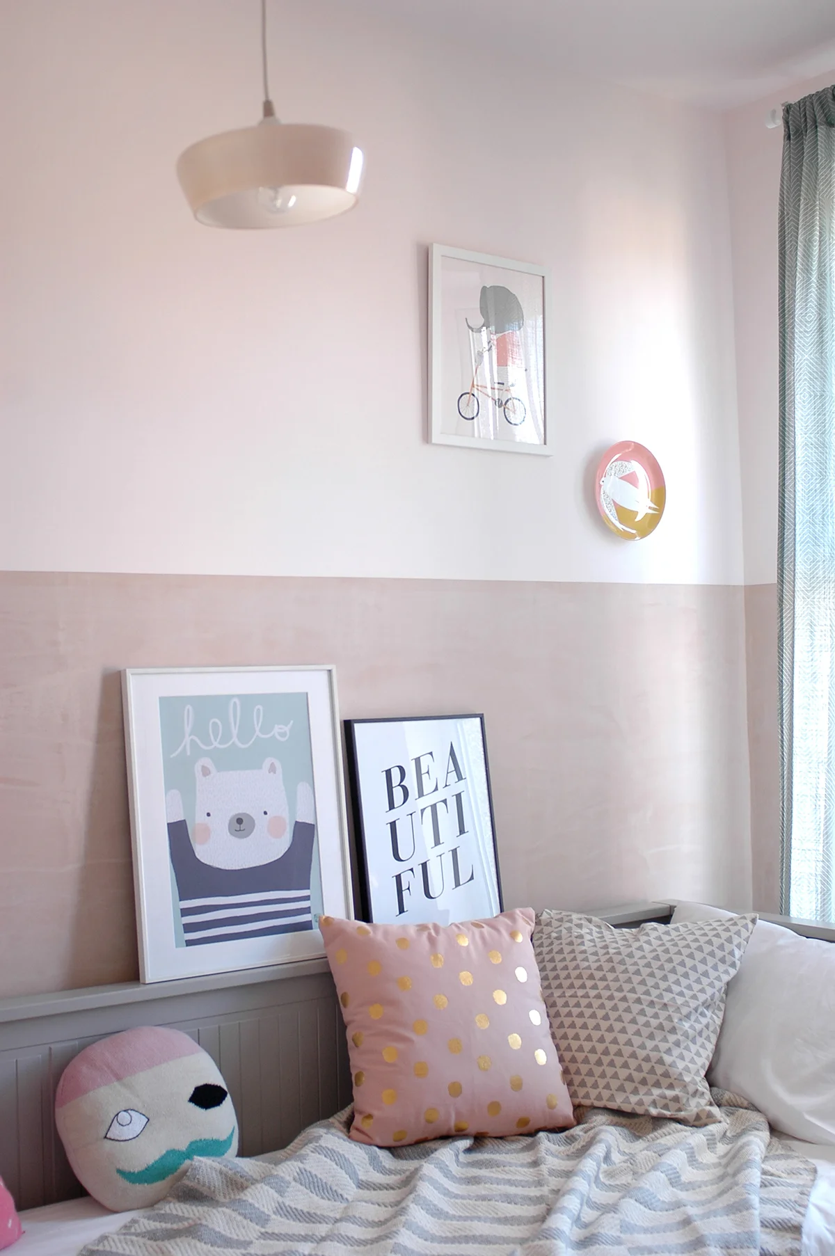 Day bed : Ikea / Vintage pendant light : V Interior / Curtain : H&M / Pirate cushion by Lucky Boy Sunday/ Spotty cushion : Rigby and Mac (via Trouva) / Triangle cushion : H&M / Throw : Oliver Bonas / Elephant print : Petit Pippin / Bird plate : Donna WIlson via Moonko / Hello bear print by Aless Baylis / Beautiful print : John Lewis