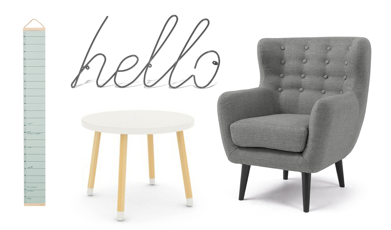 Height chart , £34, Hello wall hook , £38, both This Modern Life / Play table , £85, Olli Ella, Mini Kubrick armchair , £179, Made.com