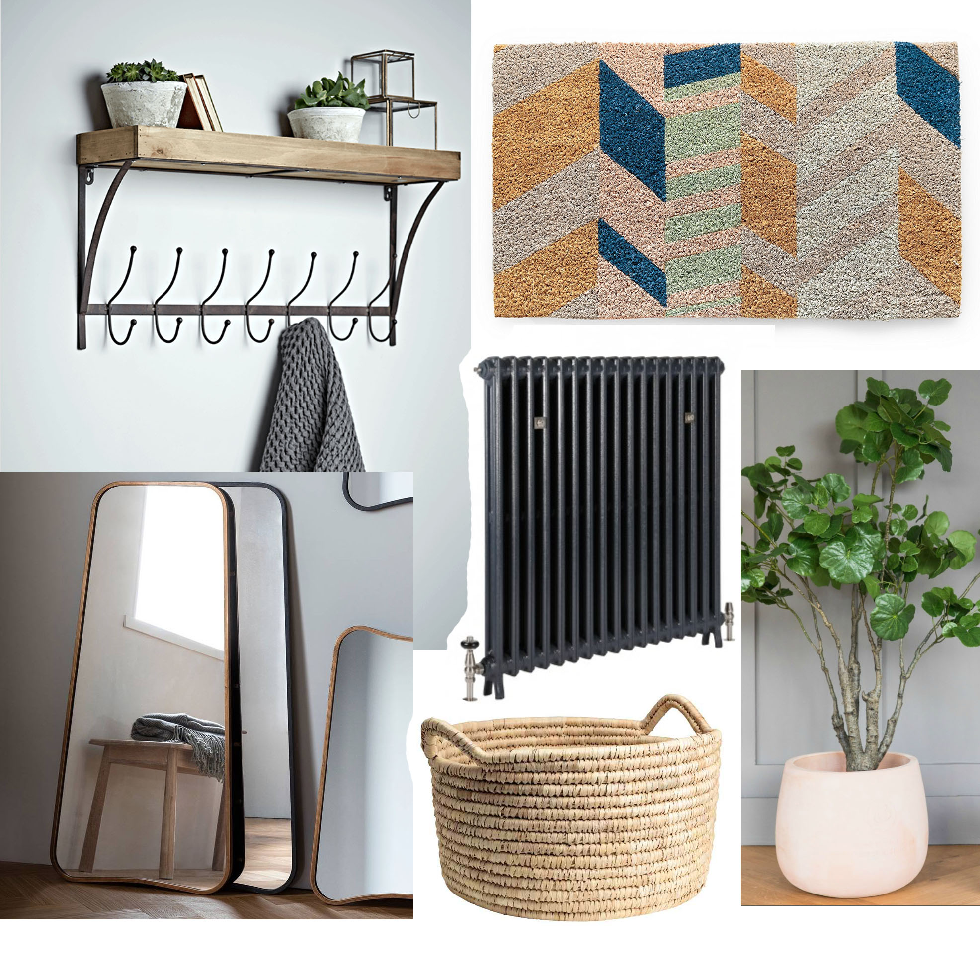 Wooden shelf with hooks , £50, Cox and Cox / Doormat , £16, Oliver Bonas / Faux Begonia tree , £295, Rose and Grey / Cast iron radiator , price dependent on size, Castrads / Storage basket , £19.99, H&M / Curved mirror , £85, Notonthehighstreet.com