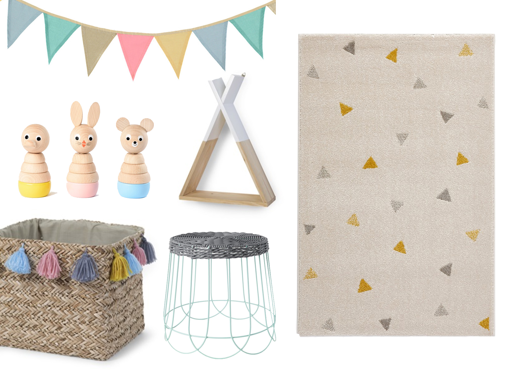 Garland , £9.50, This Modern Life / Wooden stacking toys , £29.50, Sarah and Bendrix / Tipi wooden wall shelf , £40, Storage basket with tassels , £40, both Cuckooland / Wire table(plant stand) , £8, IKEA / Triangles rug , £49, La Redoute (currently 25% off!) 