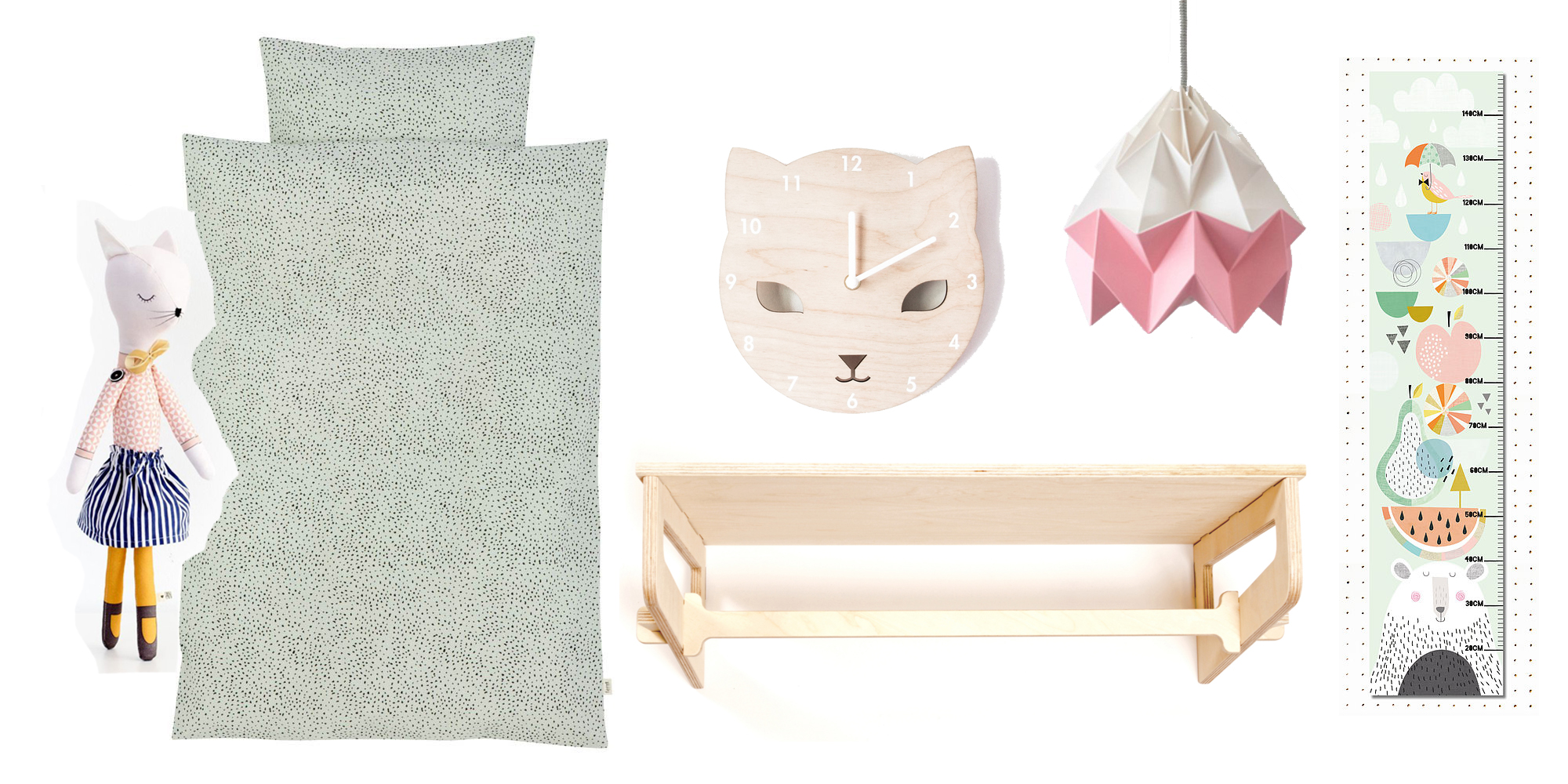 Miss Kitty doll , £30, Sarah and Bendrix / bed linen , £50.74, Smallable / Cat clock , £25, Red Hand Gang / Light , Snowpuppe / height chart , £17.50, Papermoon / clothes rail & shelf , £68, The Modern Nursery
