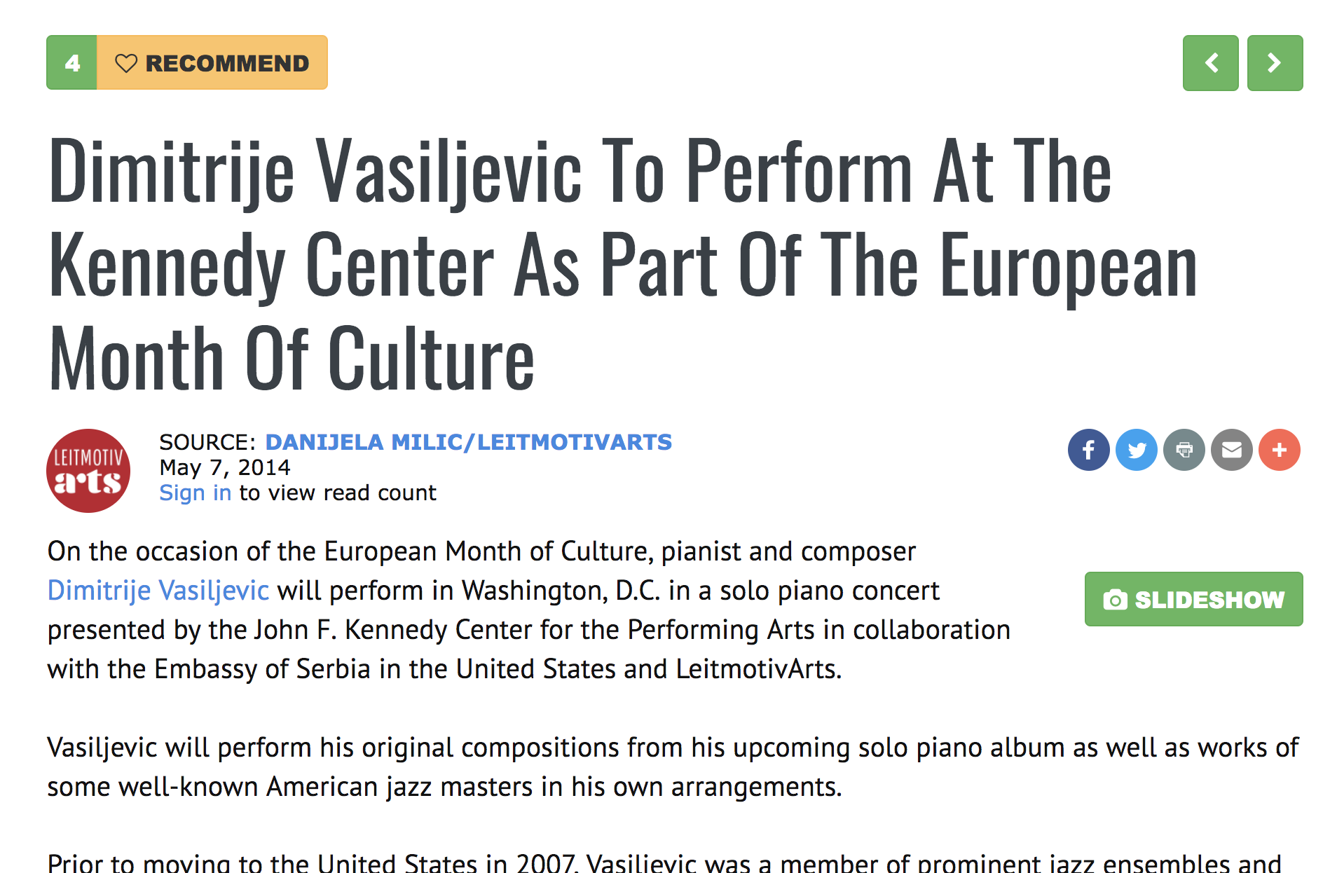ALL ABOUT JAZZ: Dimitrije Vasiljevic To Perform At The Kennedy Center As Part Of The European Month Of Culture