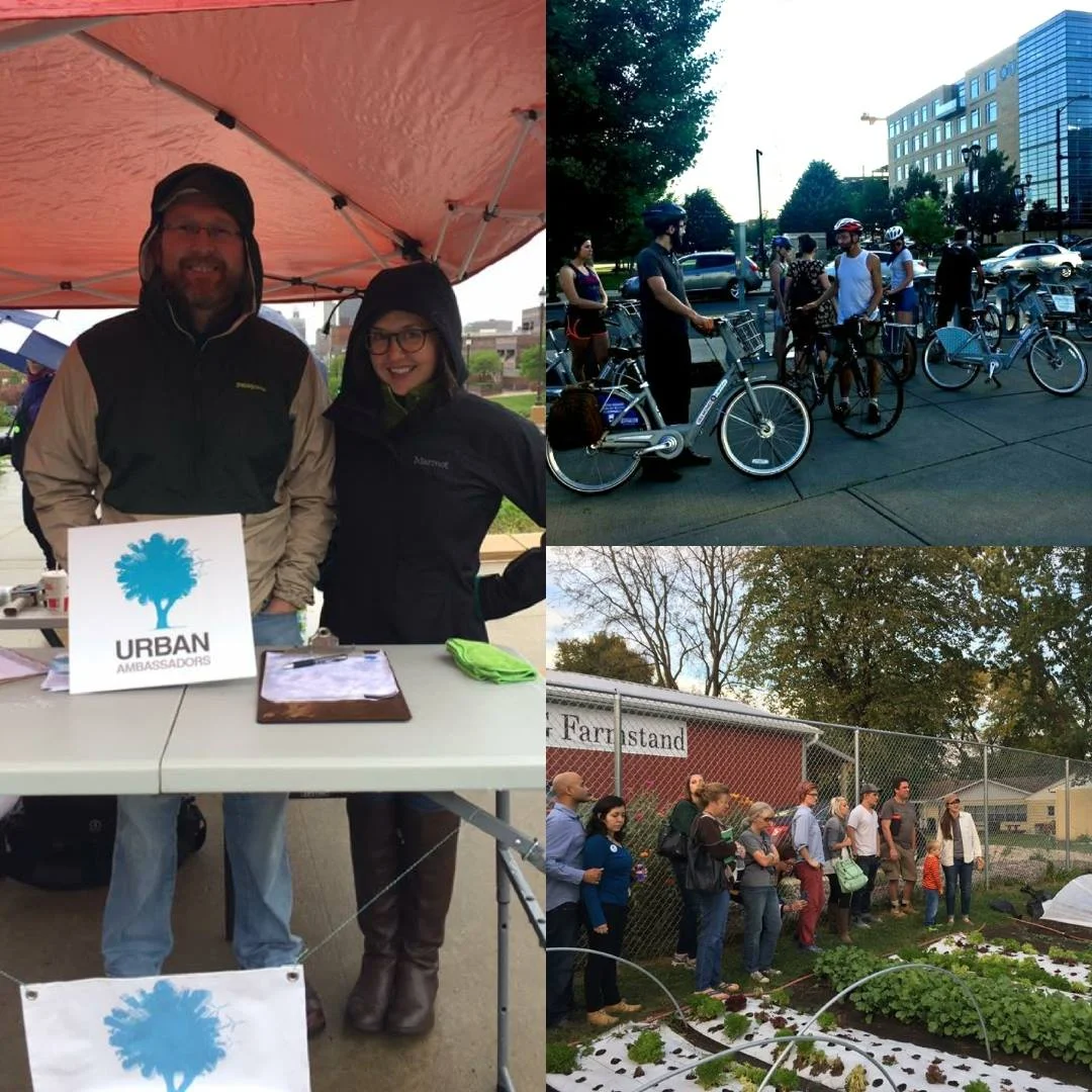 Left: Jeremy Moore and Chelsea Krist, Board Members, exhibit at the Climate March in Des Moines, April 2017. Top: June 2017 Meet-Up riding BCycles. Bottom: October 2016 Meet-Up Dogpatch Urban Garden tour.