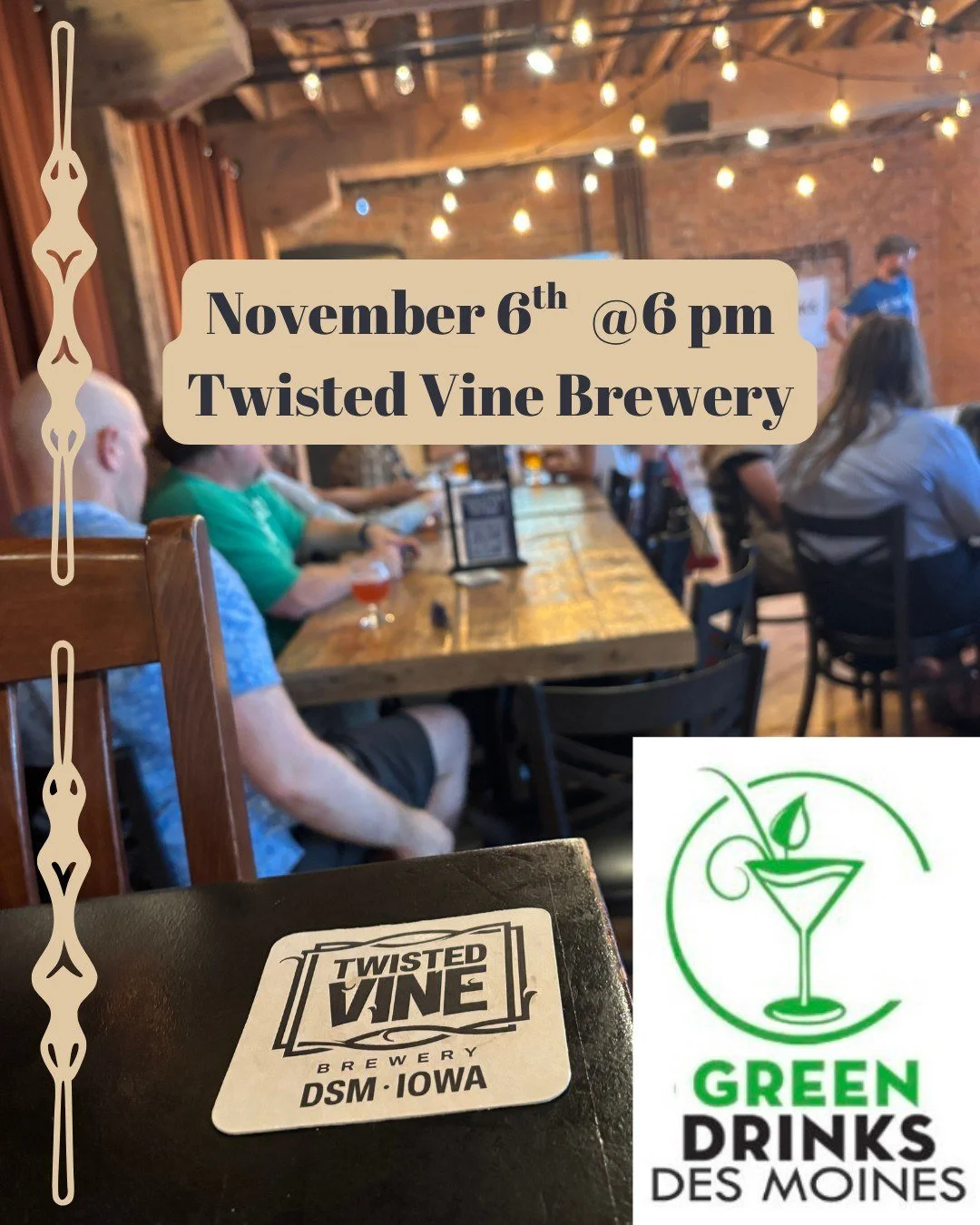 Join us next month for Green Drinks, @6 pm at Twisted Vine Brewery!

We will be hearing from the Executive Director of the Iowa Wildlife Federation, Ryan Smith!

The mission on the Iowa Wildlife Federation is to inspire Iowans to care for Wildlife an