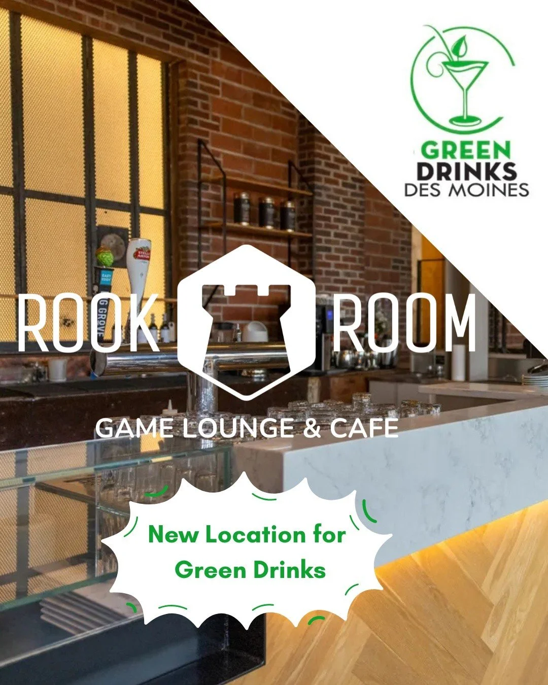 We are excited to announce our new location for Greens Drinks August edition. Please join us at the ROOK ROOM GAME LOUNGE &amp; CAFE August 6 

The cafe will be open, so be sure to grab a great tasting meal before the presentation at ~6:30. @