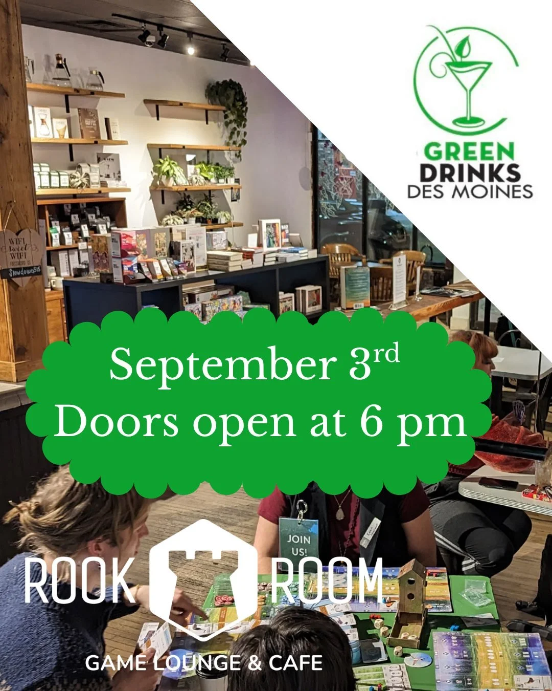 Join us for our next Green Drinks event!

This event is free and open to the public! Join us to hear from a different speaker the first Thursday of every month and connect with other individuals in Des Moines!

We will be meeting at the Rook Room Gam