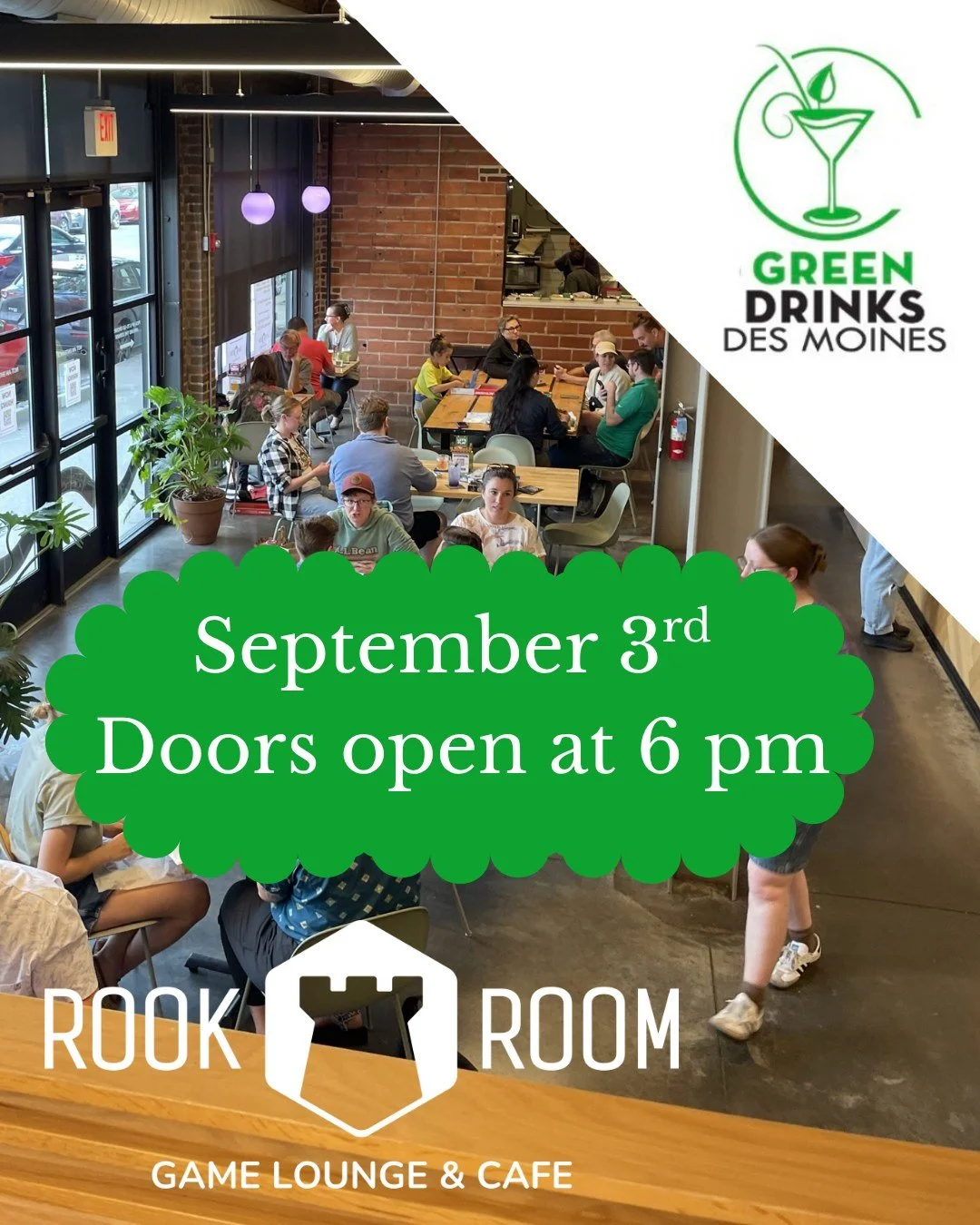Tony and Meredith from the Rook Room will be presenting at this month's Green Drinks to talk about sustainability within their business and the gaming industry at large.

We will be meeting at the Rook Room Game Lounge &amp; Cafe at 300 SW 5th St, De